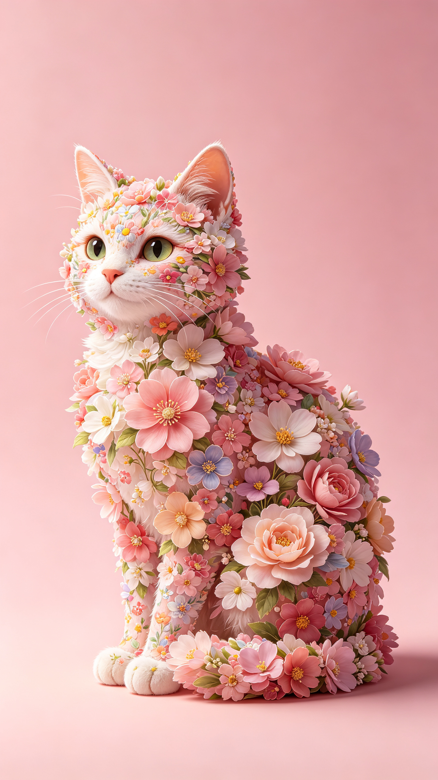 一幅超写实数字插画：一只精巧的花卉猫咪，猫咪身体完全由精致盛放的花朵与鲜活花瓣构成。纯色柔和粉色背景。 艺术风格融合村上隆标志性花卉纹样，以及彼得·布鲁姆充满超现实感的精密写实画风。画面线条干净、过渡柔和、光线空灵缥缈… - AI prompt reference from CC Prompt Galaxy
