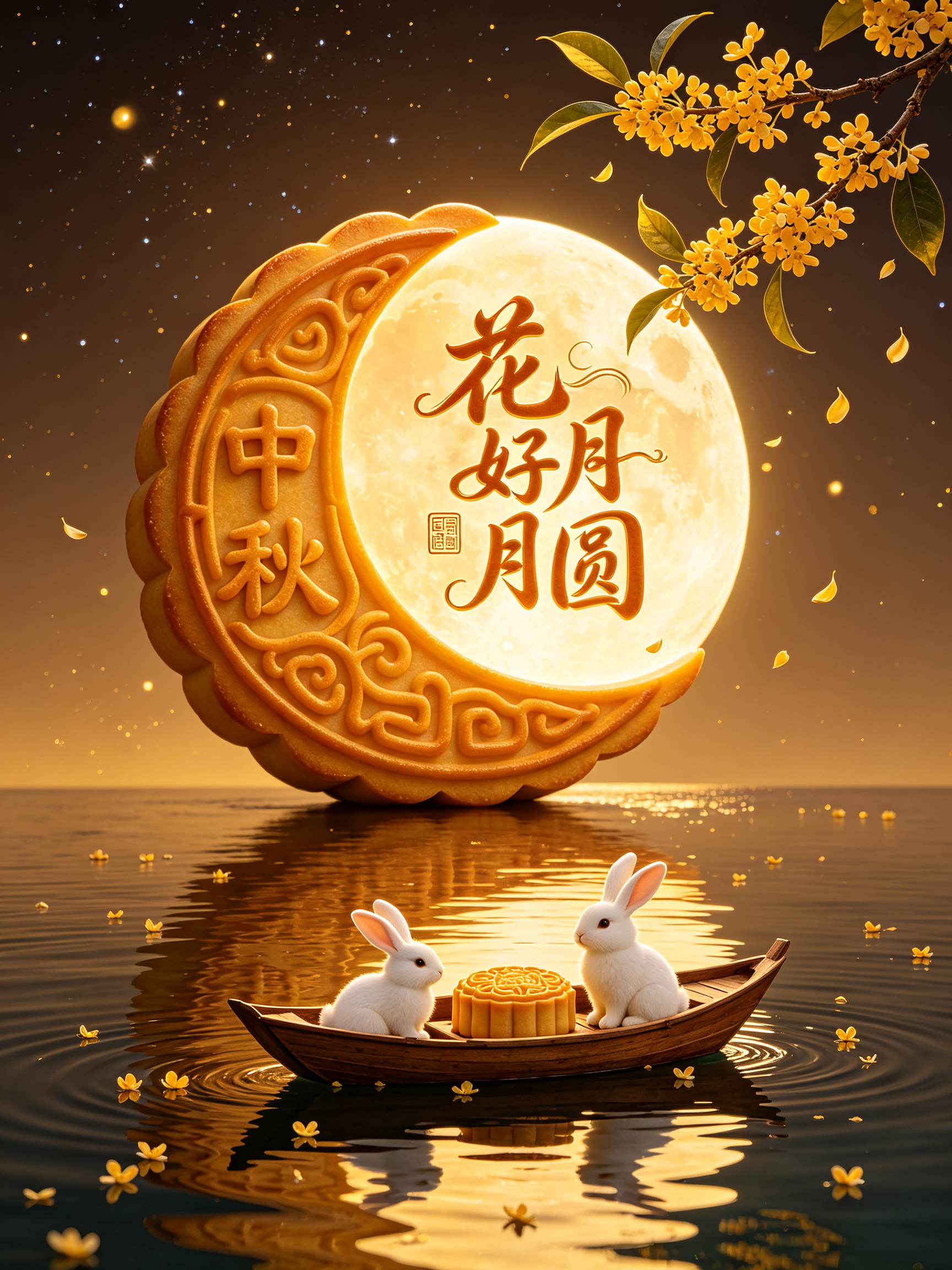竖版构图，新中式国风中秋海报，渐变深棕暖金色夜空，散落细碎星光与金色光点，画面中央巨型半月形月饼与满月拼接在一起，月饼表面带有精致传统浮雕纹路，饼面雕刻中秋字样，圆月上书写龙飞凤舞飘逸立体书法大字花好月圆，字体搭配小巧… - AI提示词参考图，来自西西提示词