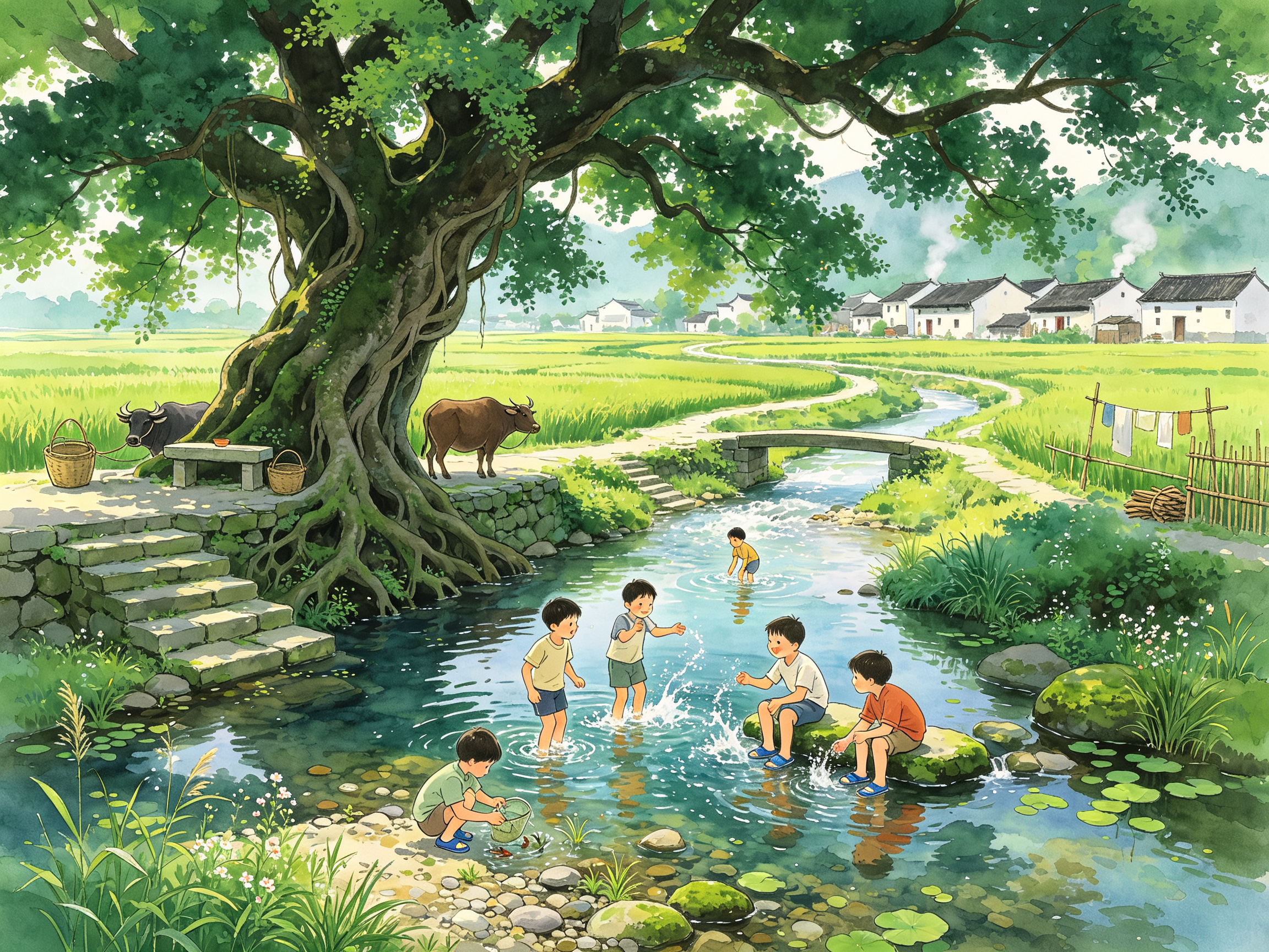 江南乡村盛夏，一望无际的稻田郁郁葱葱，浓绿色稻浪随风起伏，远处田埂蜿蜒延伸，村口一棵巨大榕树浓荫蔽日，枝叶繁茂，树根粗壮盘错，树下有青石台阶、旧石凳、竹筐和系着的老牛；清澈溪流穿过村子，溪水潺潺，浅滩处水花清亮，几个乡… - AI提示词参考图，来自西西提示词