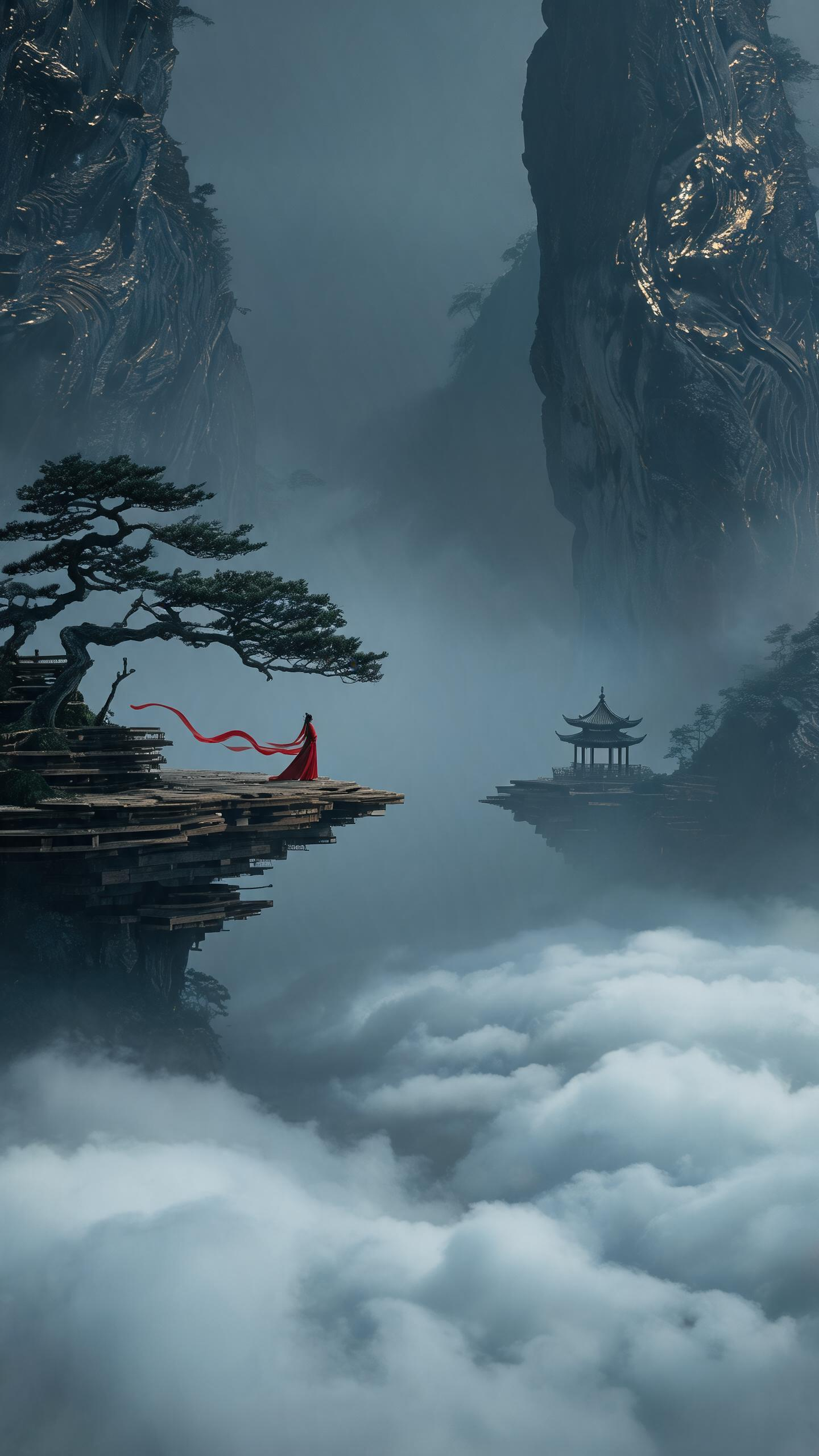 构图：宽幅电影远景构图，两处悬浮层叠木质悬空平台，左侧平台生长一棵造型苍劲的迎客松，红衣长袍人物立于平台边缘；右侧远方悬浮平台上矗立一座小型中式亭阁；两侧是纹理扭曲的巨型陡峭岩壁，画面底部铺满流动云海，空间空灵疏离，人… - AI提示词参考图，来自西西提示词
