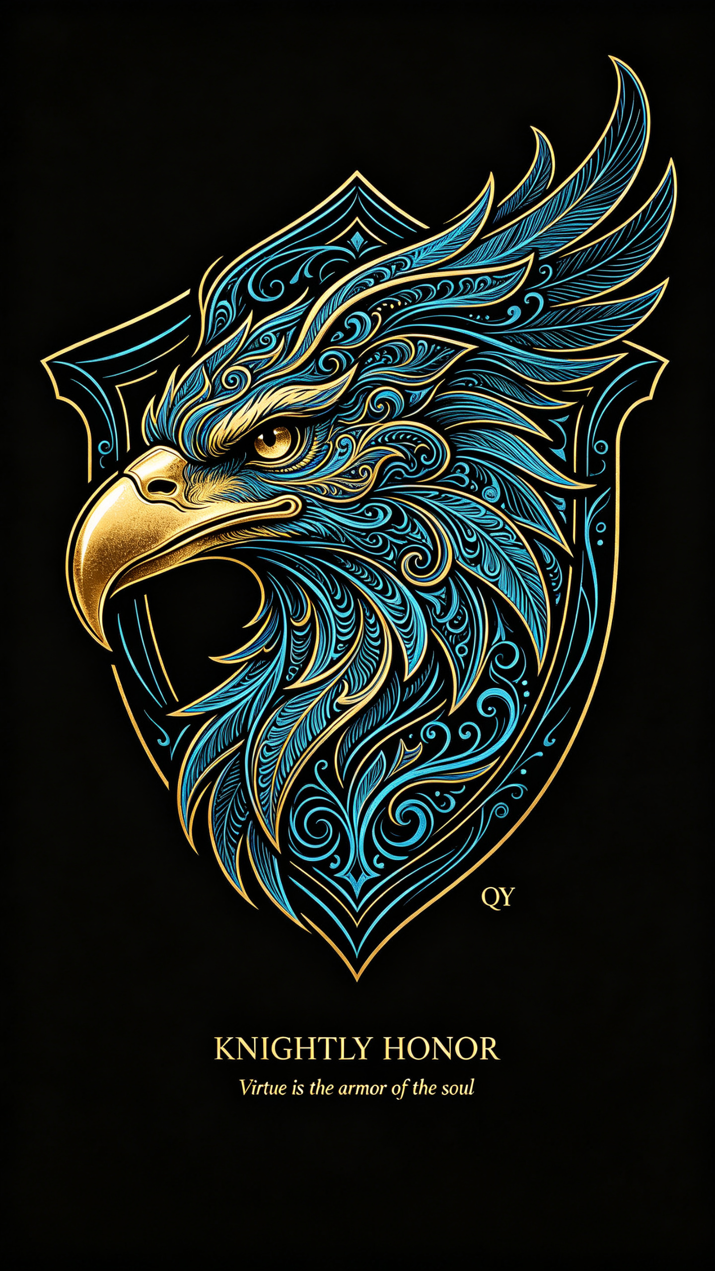 纯黑背景的奇幻线稿插画，极繁主义，骑士勋章，鹰喙纯亚金，细节，复杂，线条肌理，神秘纹饰，由荧光蓝色线条与极细金色线条勾边共同描绘，线条柔美灵动，外部轮廓极简流畅，静谧神秘，画面高对比、干净、克制，高清渲染，超高清细节，… - AI提示词参考图，来自西西提示词