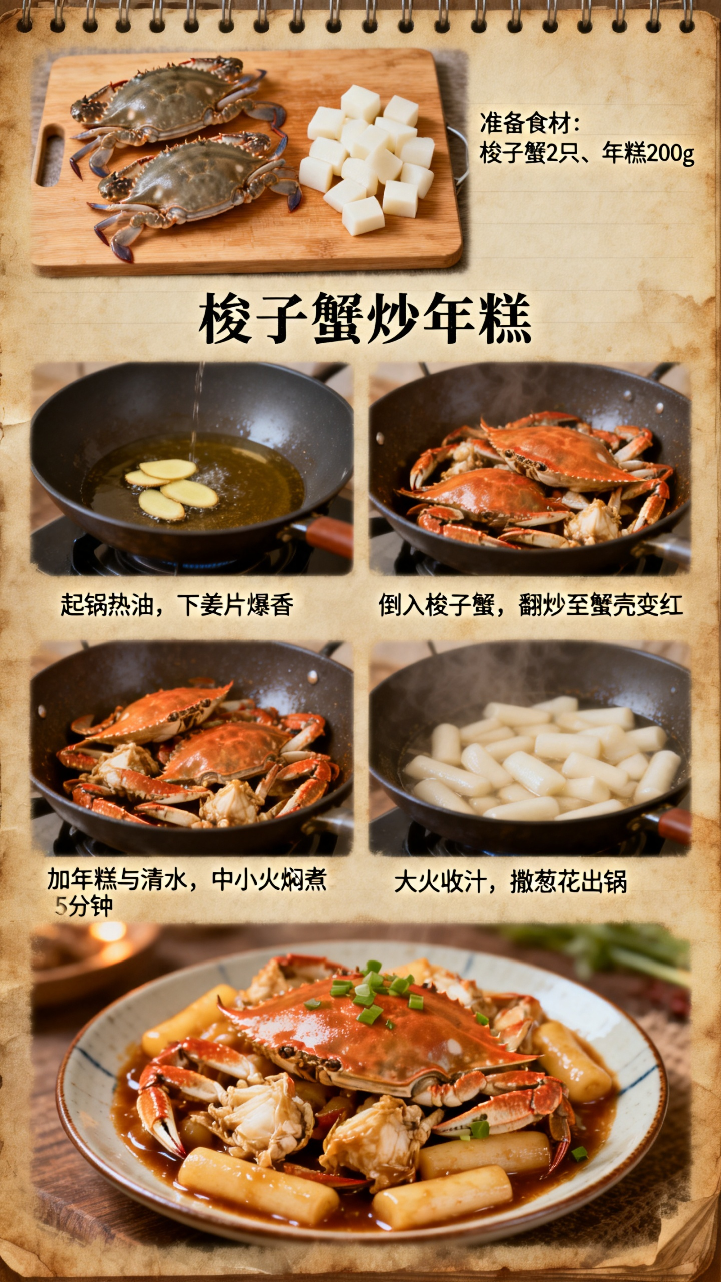 以复古手帐风格呈现制作梭子蟹炒年糕步骤教程图,需清晰展示每一步骤,配以中文字幕说明,最后呈现出精美的梭子蟹炒年糕成品图,标题为“梭子蟹炒年糕”,标题写在图片中间,不要在图片上方。 - AI提示词参考图,来自西西提示词