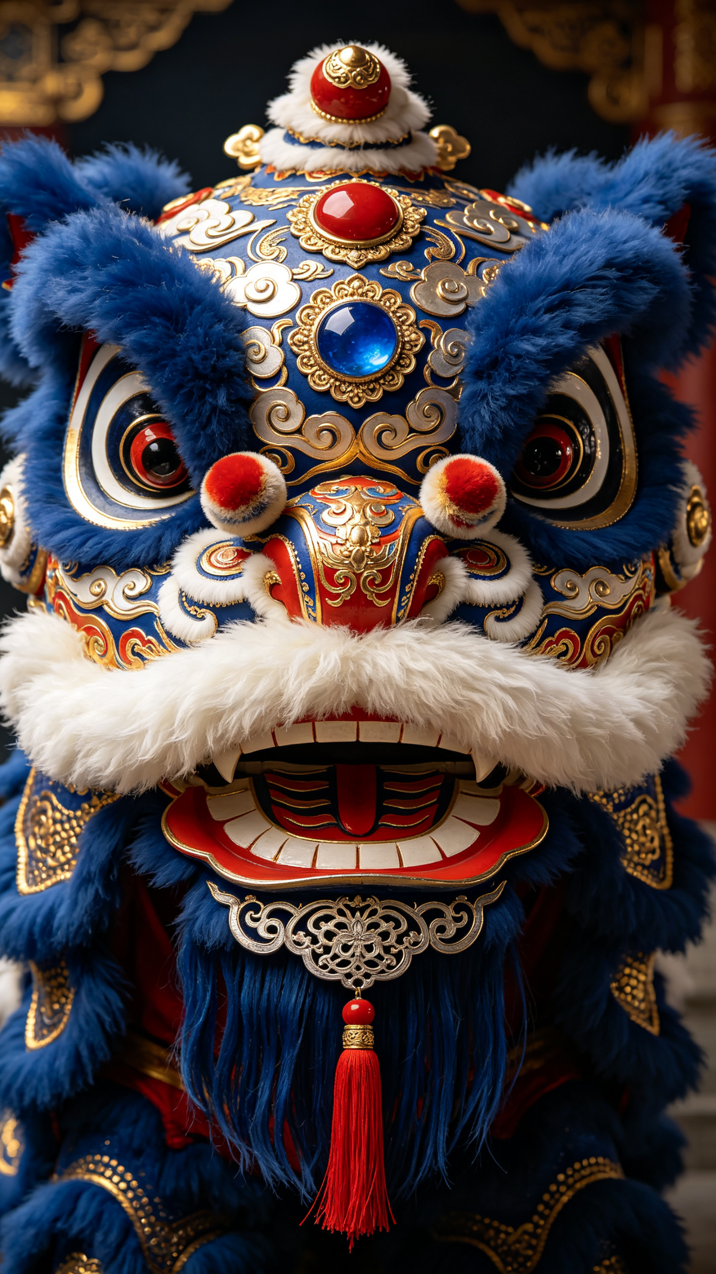 竖构图特写，国潮传统南狮醒狮正面脸部，立体浮雕雕刻质感，主色调深邃克莱因蓝毛发，蓬松白色绒毛眉须，朱砂红色鼻头、眼眶、唇齿，大量鎏金雕花纹样装饰，额头镶嵌红蓝宝石圆饰，面部布满云纹、卷草中式浮雕纹理，下颚垂红色流苏挂坠… - AI提示词参考图，来自西西提示词