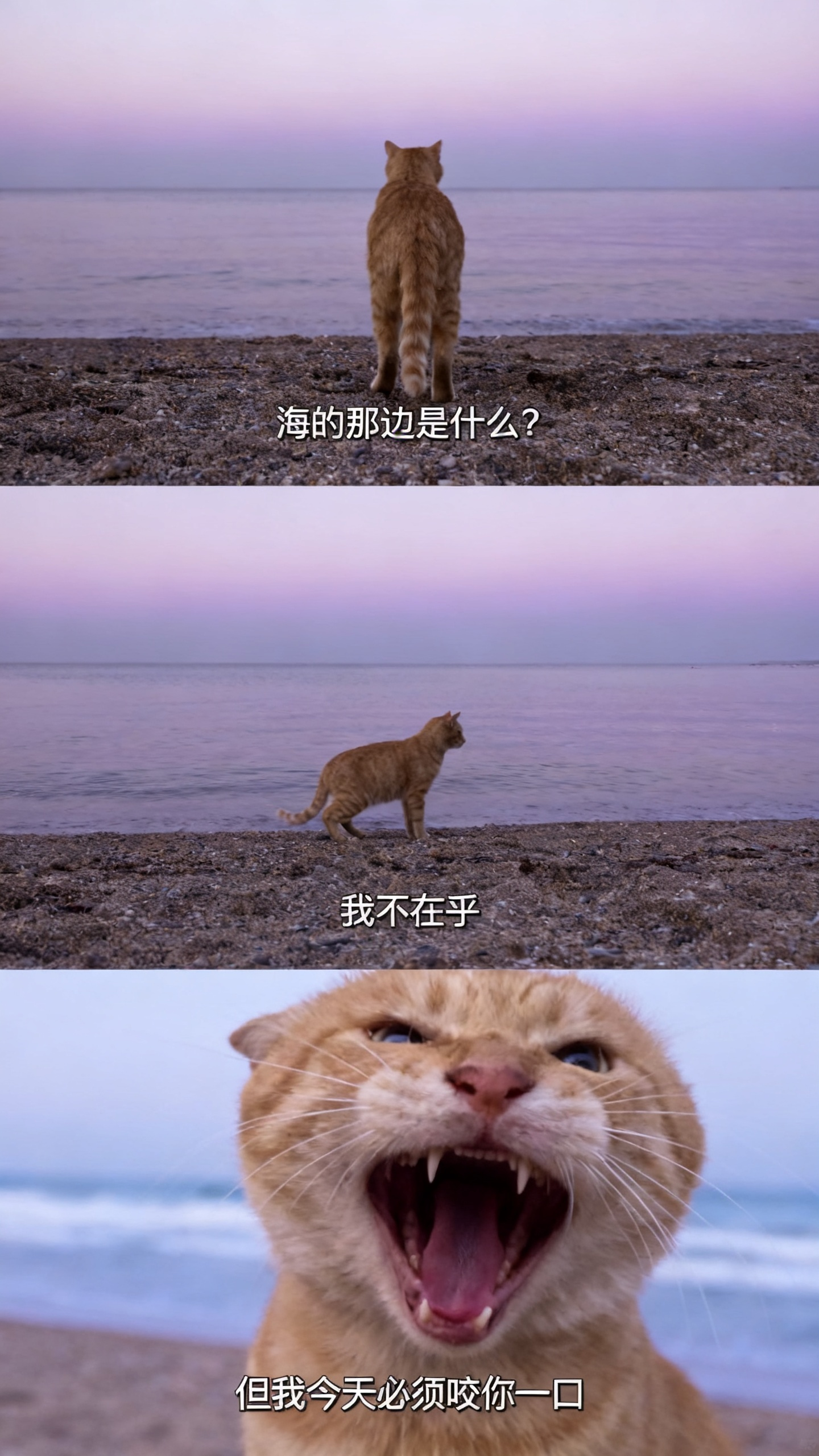 ##以图片猫咪为基础，采用三宫格构图方式生成一张艺术感写真图，海边写真图，场景为海边沙滩，天空呈淡紫与灰色渐变，海面平静。画面中有猫咪和参考图一致，第一层为近景，站在沙滩上的猫咪背影，添加中英字幕“海的那边是什么?”，… - AI提示词参考图，来自西西提示词