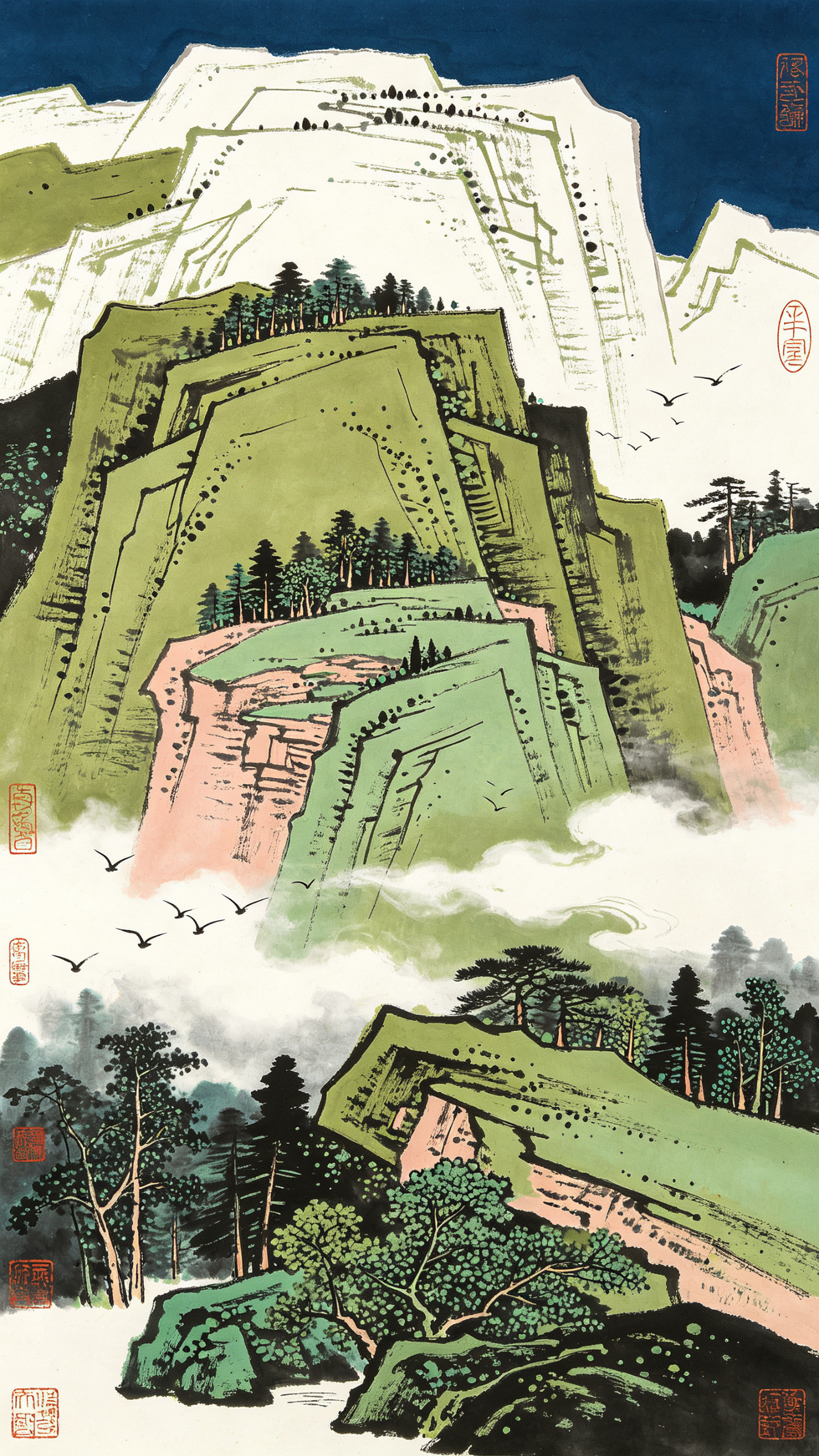 中西融合山水画大师杰作，东方抽象表现主义，卢延光 的风格，不规则构图，唯美意境山水画，大面积留白，多层次纹理立体感，东方风格抽象表现主义，细腻质感笔触清晰，浓淡相宜，强化矿物色染的颗粒质感；抽象的虚幻空间，小量云雾缭绕… - AI提示词参考图，来自西西提示词