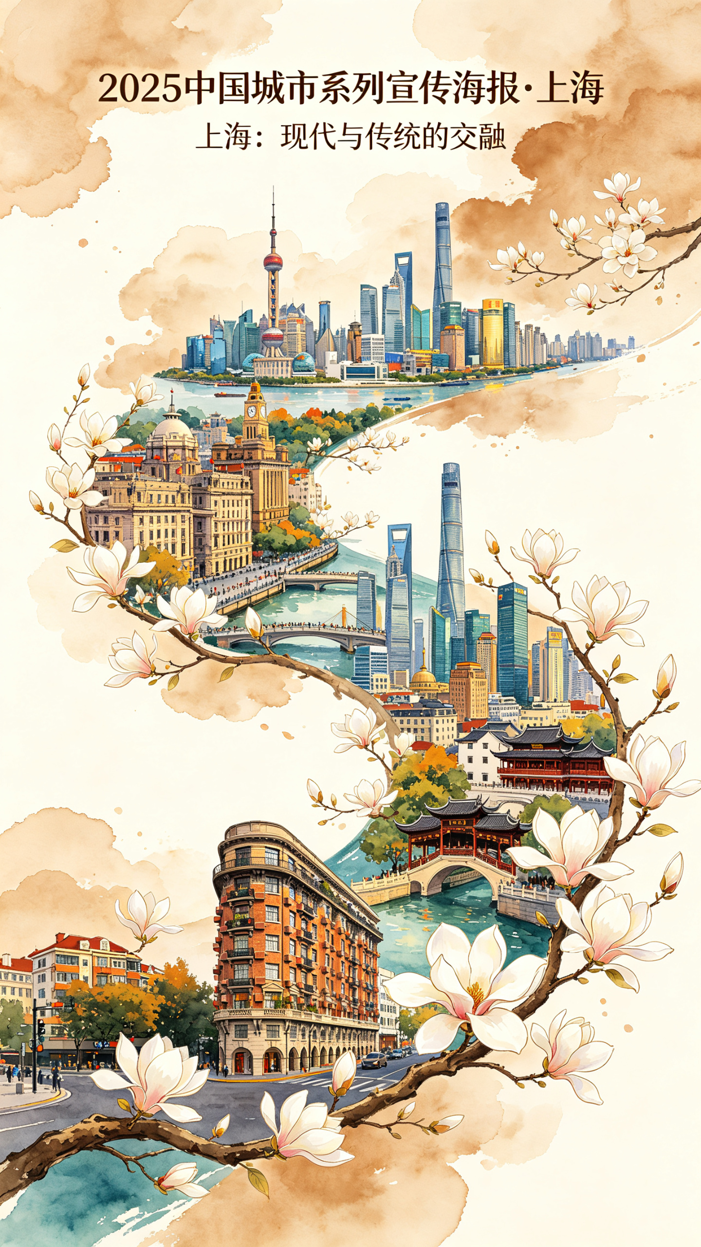 2026中国城市系列宣传海报，水彩风格，极具视觉冲击，主题为上海。现代、多彩、明亮通透的国潮风，竖版9:16。大面积浅棕赭色水彩极度晕染纹理留白背景，从右下向左白玉兰的花瓣与枝桠连在一起形成S型主构图，完整流畅的，视觉… - AI提示词参考图，来自西西提示词