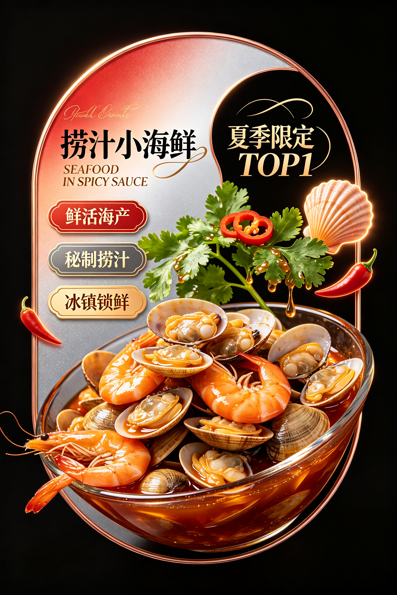 捞汁小海鲜异形卡片设计，整体造型为椭圆长条形状，底色从鲜辣酱红向海鲜银灰轻柔渐变，整体带有细腻暖调珠光质感，轮廓转折圆润流畅，外侧使用精致玫瑰金金属细线描边。 左侧放置黑色标题文字捞汁小海鲜，搭配玫瑰金色花体英文 SE… - AI提示词参考图，来自西西提示词