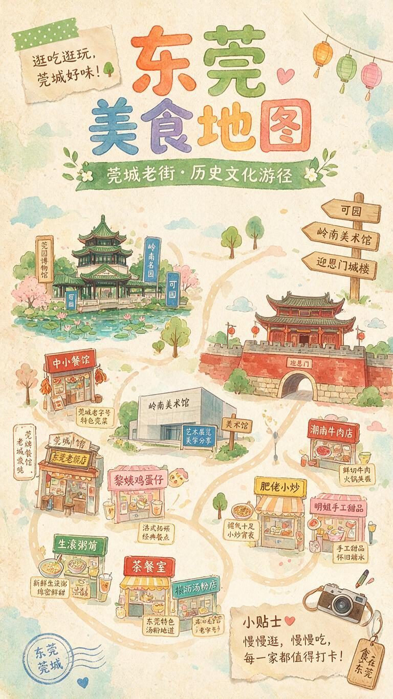 手绘东莞美食地图，卡通风格，包含可园、岭南美术馆、迎恩门城楼等地标，标注中山餐馆、黎姨鸡蛋仔等10家美食店，水彩配色，旅行手账质感 - AI提示词参考图，来自西西提示词