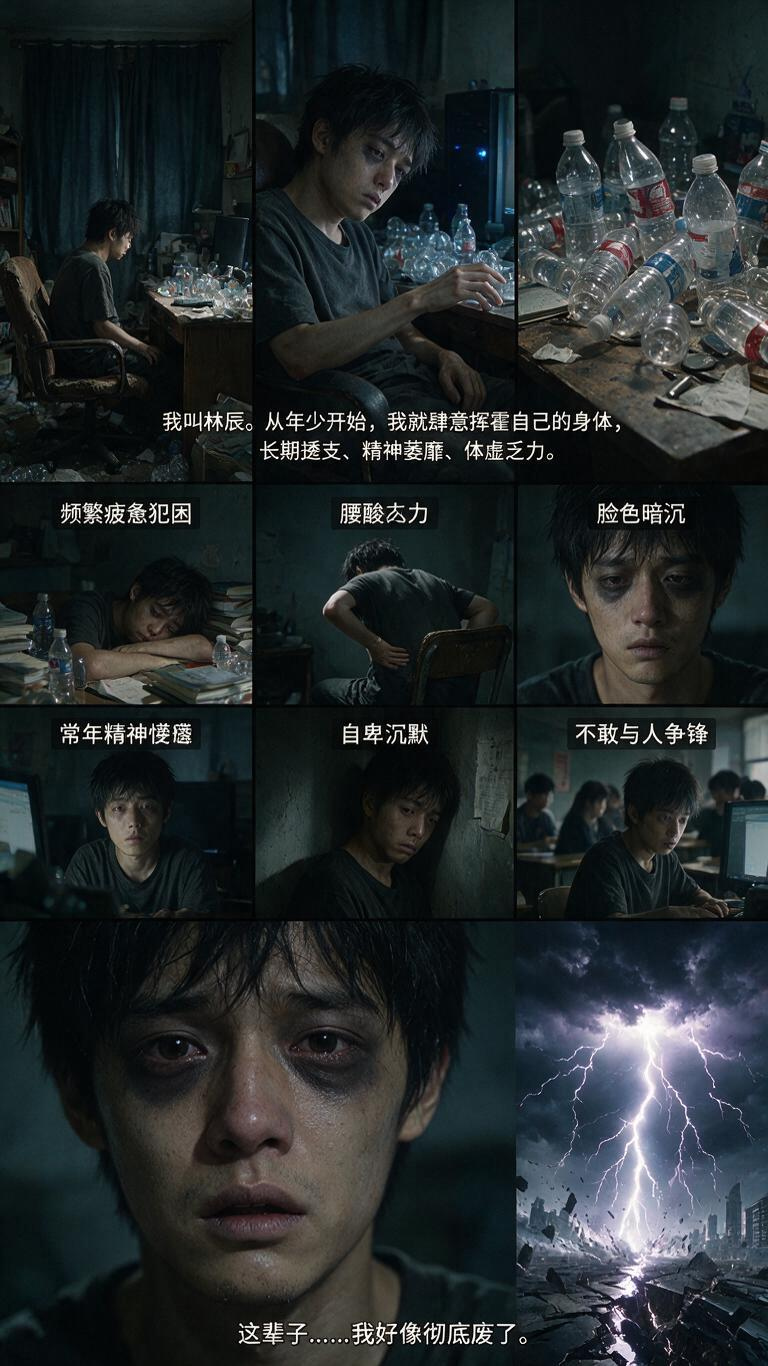 【00:00-01:20 开篇共情+致命伏笔｜锁死观众（首尾呼应铺垫）】 画面（慢镜头+压抑冷色调） 现代出租屋，昏暗无光，窗帘紧闭。少年林辰瘫坐在椅子上，面色蜡黄、黑眼圈深重、眼神空洞，整个人虚弱无力，抬手都微微发颤… - AI提示词参考图，来自西西提示词