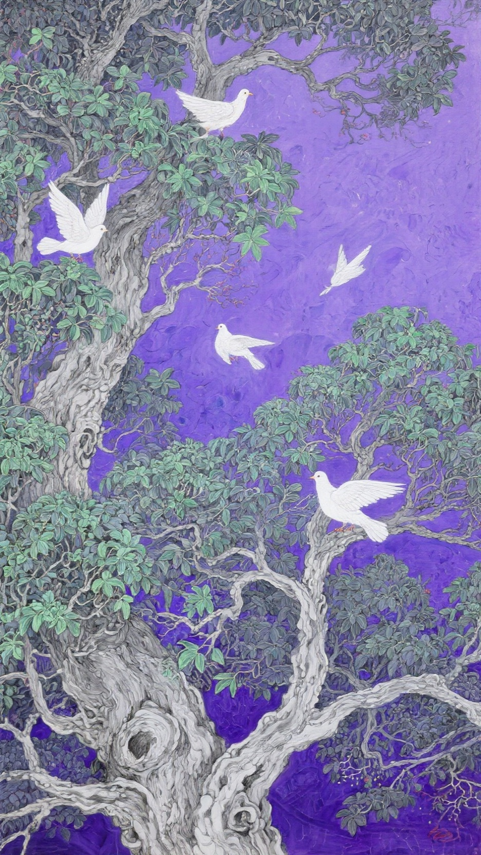 采用艺术家Kim Jung Gi 设计 风格，梦幻紫高饱和色系，极繁主义，神秘感，不对称构图，细节完美，杰作。高品质细节，最佳品质，笔触清晰， 茂密树木树叶，带有详细树枝的真实灰色树木绿桉，绿白灰色调，几只白鸽，构图合… - AI提示词参考图，来自西西提示词