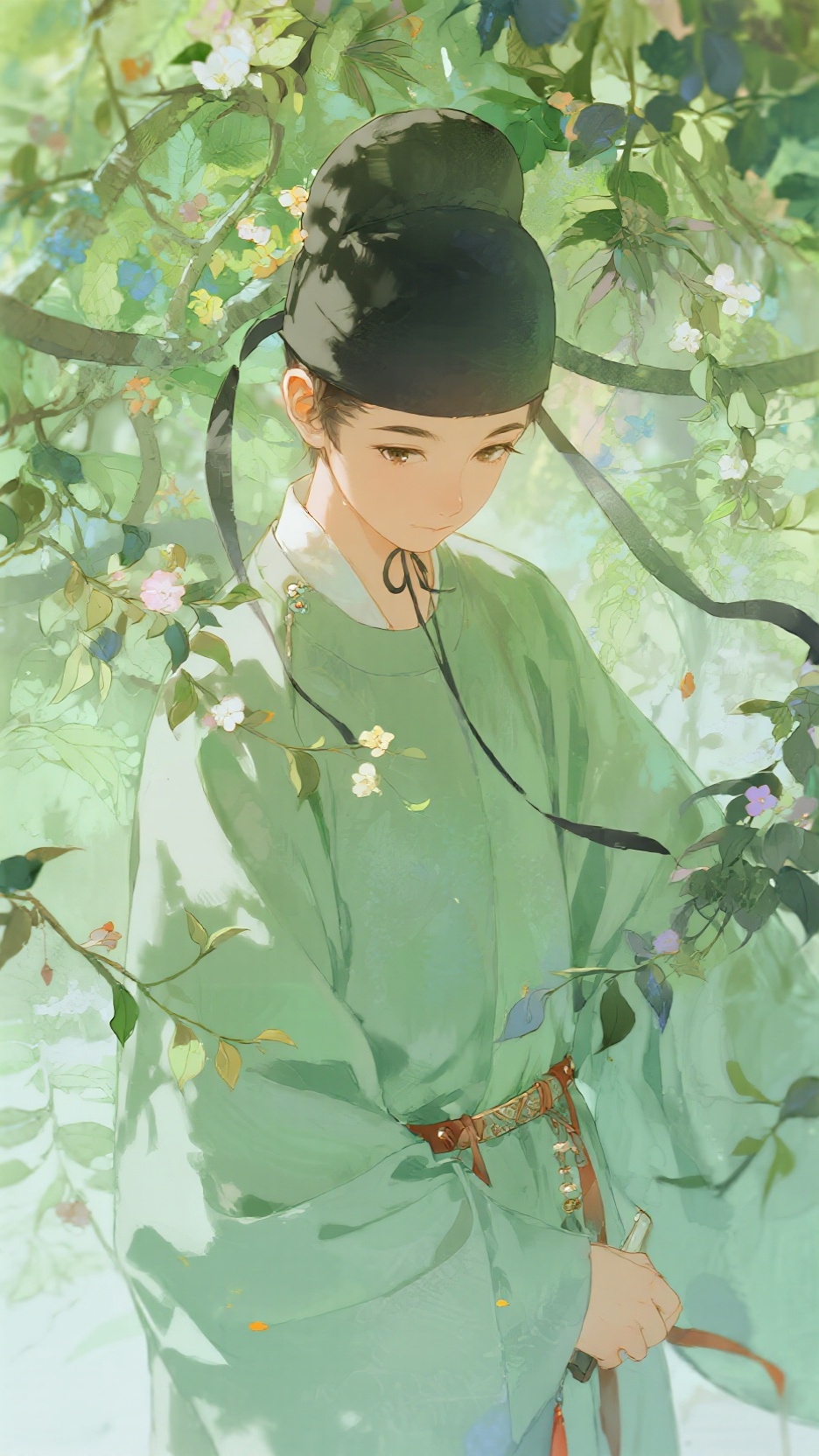 水彩画,极繁主义,极致表现力,细节完美,大师杰作。中国少年,戴幞头,身穿圆领袍,神秘夏天,画面干净,色彩丰富,赏心乐事谁家院 - AI提示词参考图,来自西西提示词