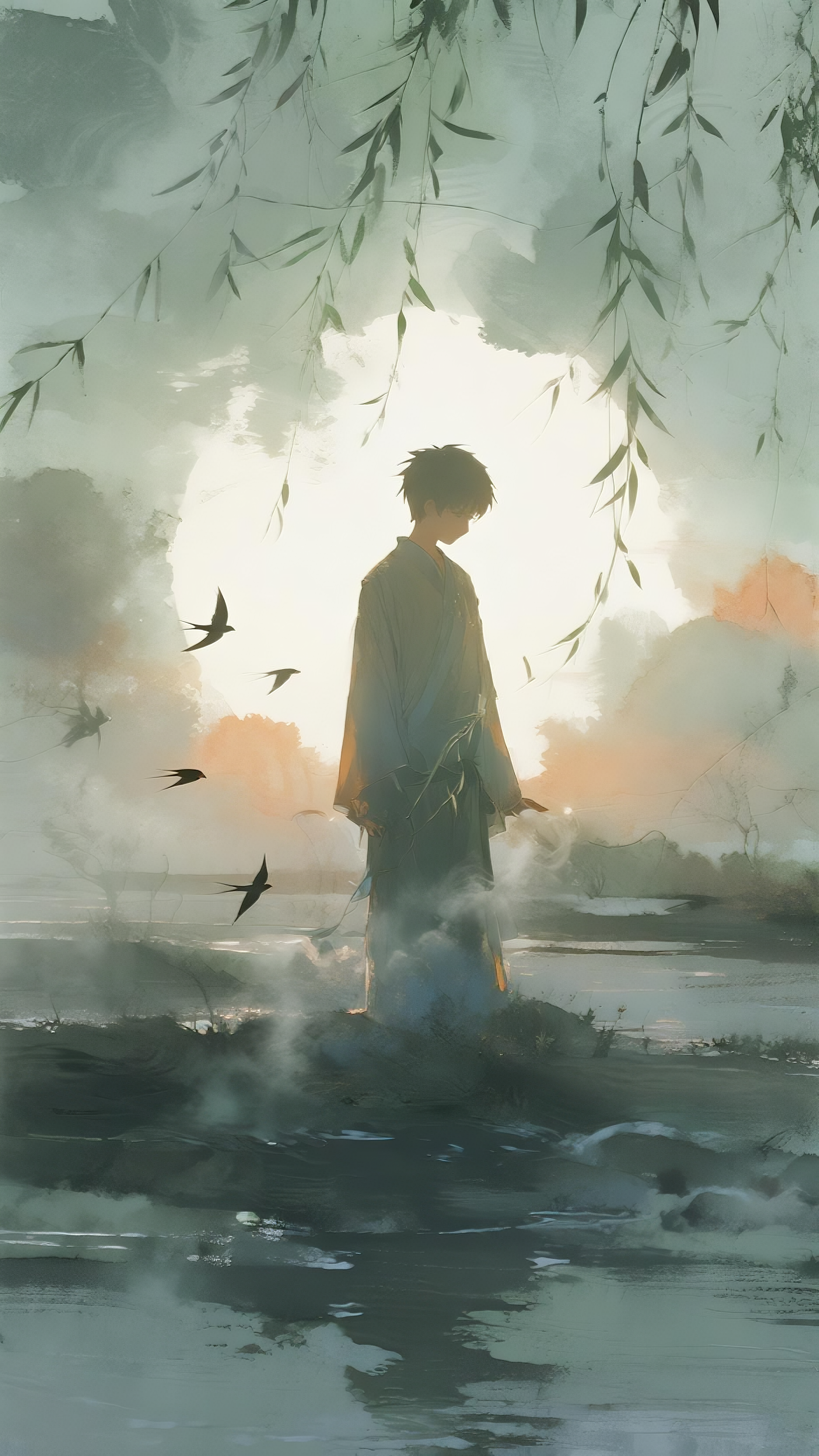 光影喷雾效果手工画作，在喷雾效果中呈现出少年輪廓，禅境世界，寓意深远。 模糊的艺术氛围，夕阳余晖渐变效果，柳树，溪涧，飞鳥。 淡彩吹墨配合丙烯颜料，大寫意艺术作品。 - AI提示词参考图，来自西西提示词