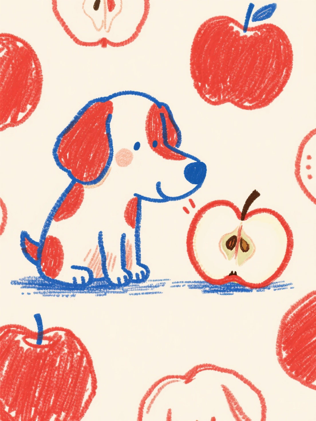 涂鸦风格，红色搭配蓝色手绘感线条，纯线稿，a children's picture book by Axel Scheffler，小狗苹果主题，不规则粗糙线条，小狗有各种表情或动作，比如狗狗与苹果互动，单独的狗狗图案，… - AI提示词参考图，来自西西提示词