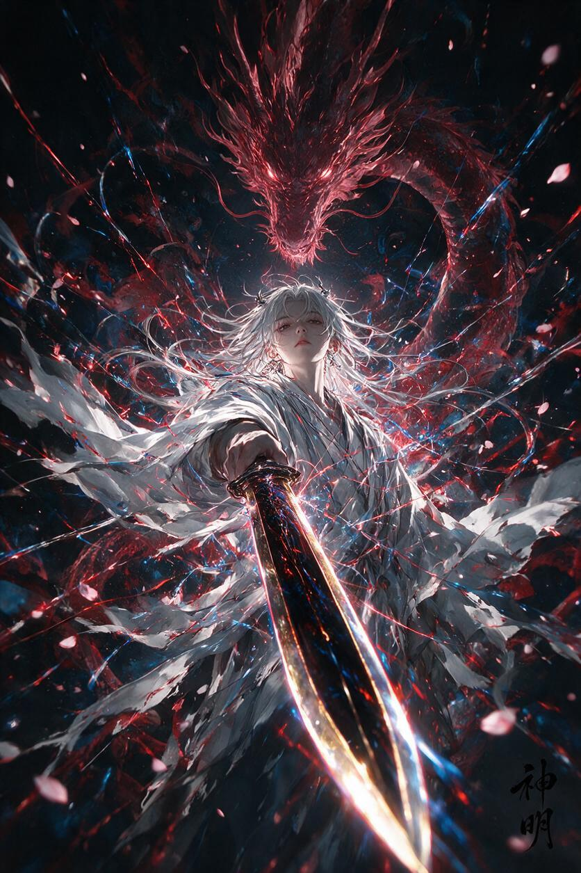 横版构图，暗黑幻想风，一名图一人物位于画面中央，银色长发凌乱飞舞，微微仰头正身正对前方镜头，神情冷漠压抑，穿着宽大破碎的白色长袍，衣摆与袖袍在狂风与能量中大幅飘动。单手握住一支玄色冥炎构成的剑，剑直指前方的镜头，剑身发… - AI提示词参考图，来自西西提示词