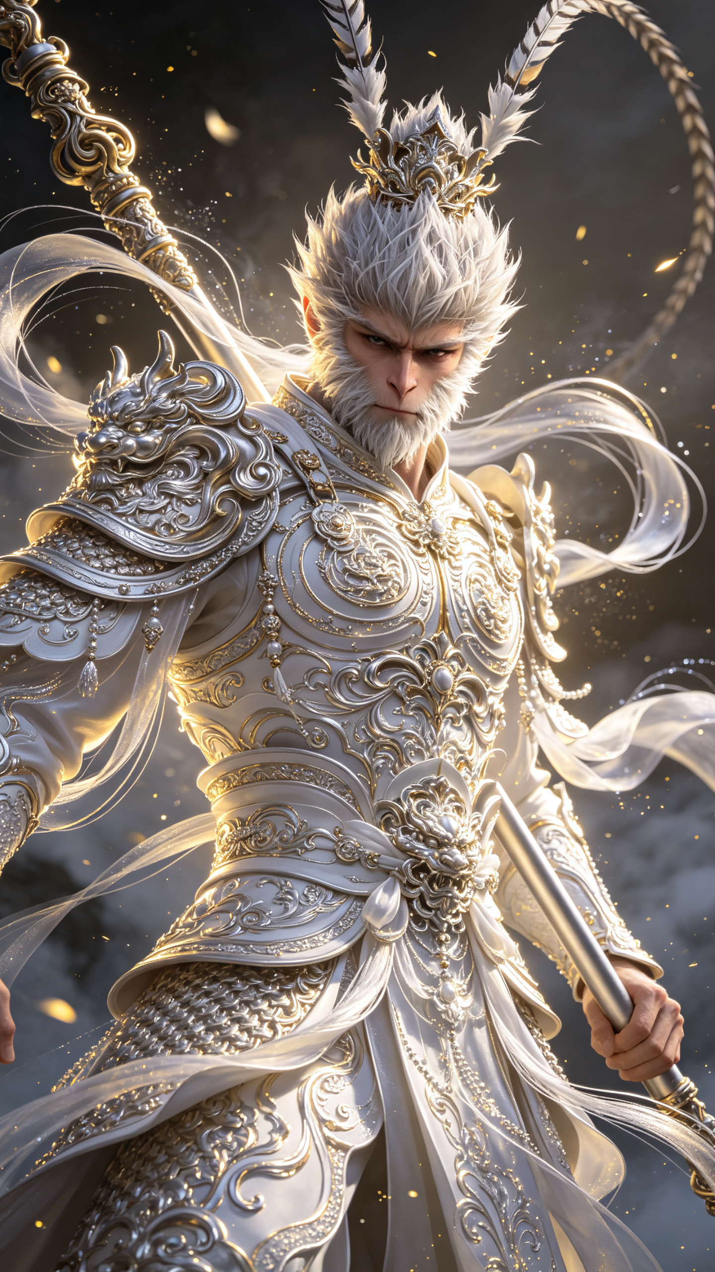 武侠，东方玄幻 袁洪，身穿怪异白金鎏辉光紧身衣，银片以哥特式极繁纹路嵌入，以Adam Riches风格作品，精致线条，以银丝代替线条游走成即兴的排线，线条疏密结合，构筑立体感，层层叠叠，巴洛克华丽繁复层层堆叠装饰的服饰… - AI提示词参考图，来自西西提示词