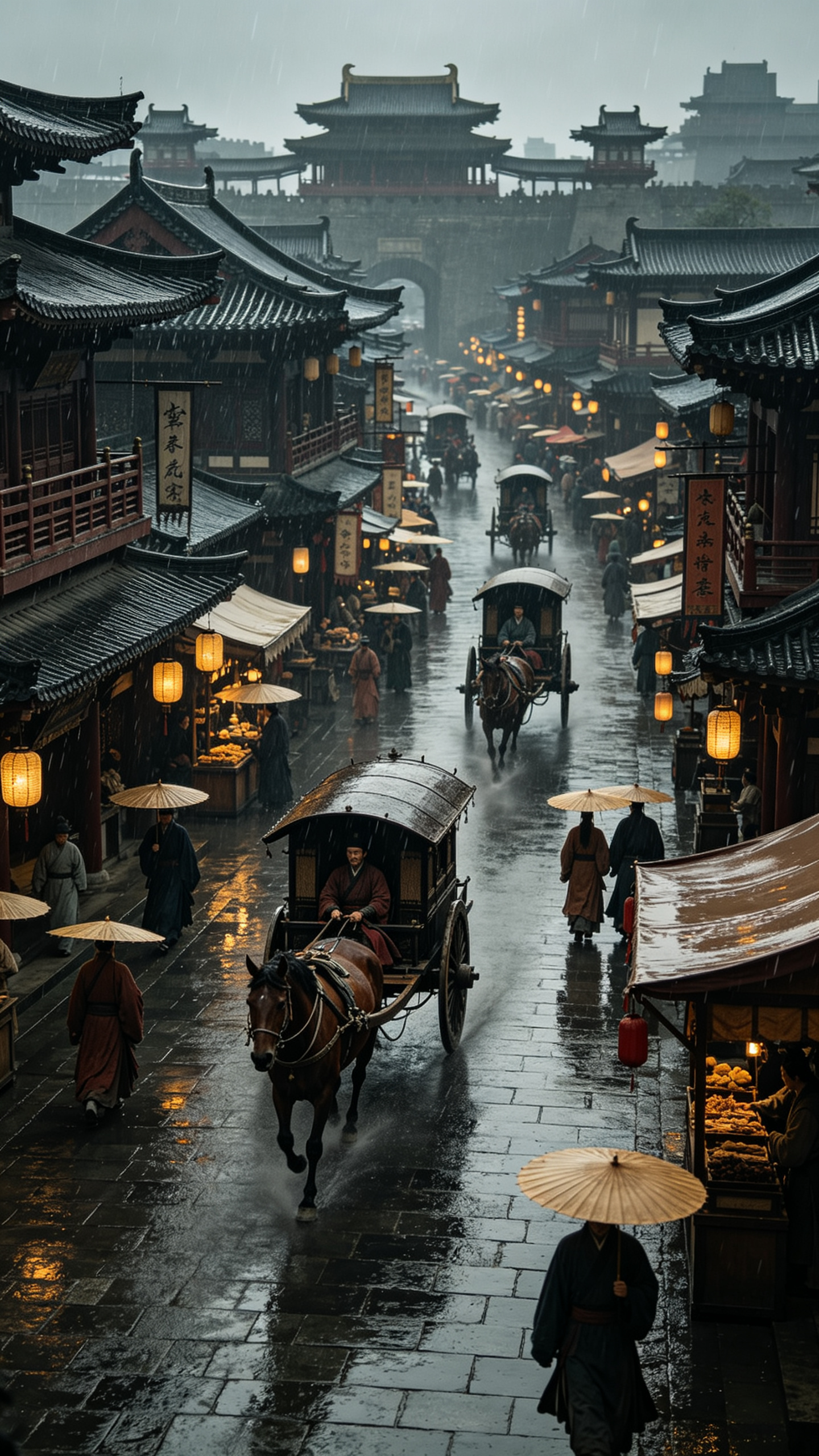 写实风格暗黑，唐代建筑，广角远景，历史感，场景符合年代要求，场景描绘（雨天、马车、马匹、人物、油纸伞），氛围营造（复古、热闹、潮湿），展现唐代时期城市街道的生活画面 ，电影质感。 - AI prompt reference from CC Prompt Galaxy