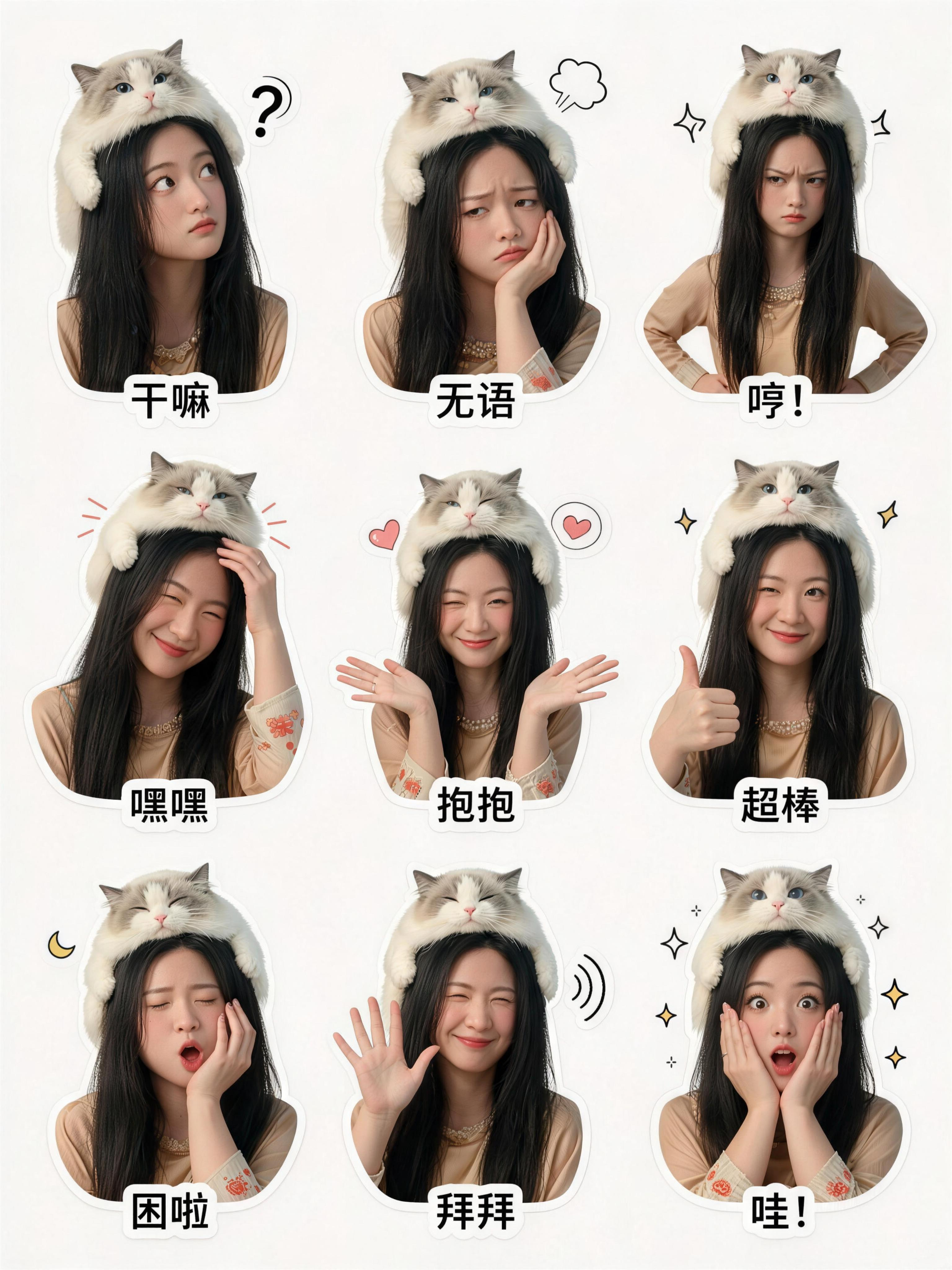 ####先对人物进行磨皮美化处理后,用第二张图片的人物生成第一张图片同款表情包 3×3九宫格、9种不同情绪半身、白色背景、白色贴纸描边、卡通情绪装饰」一键生成整套,统一画风不会崩脸;生成 后直接加底部文字,不用手动拼九… - AI提示词参考图,来自西西提示词