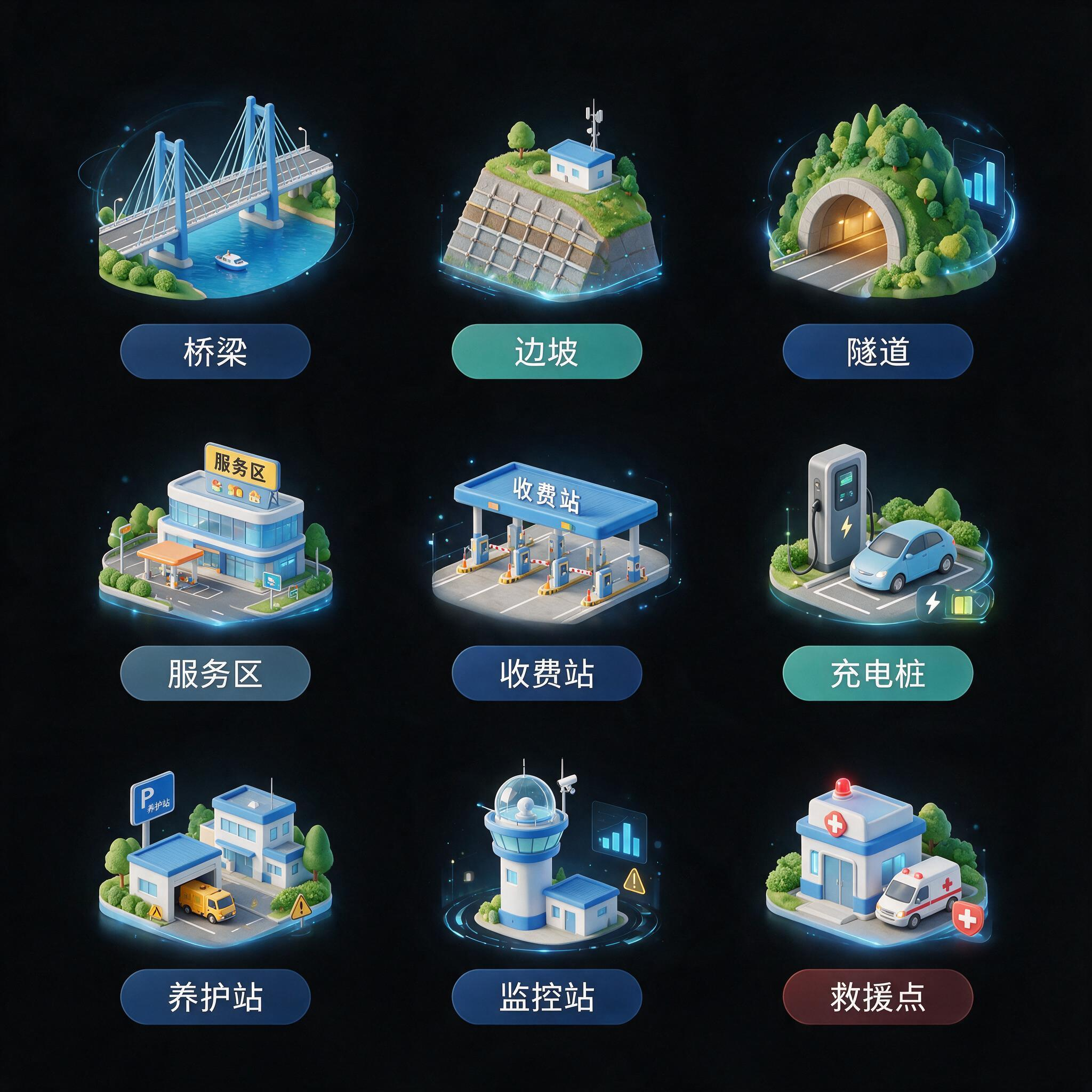风格:扁平化，多细节，高质量，采用多彩低饱和度的色调元素具有通透的渐变层次与立体质感，适配大屏结构物场景。元素细节与布局:共9个图标，排列成3X3矩阵，每个图标造型紧扣场景核心元素，表意精准。具体结构物：桥梁，边坡，隧… - AI提示词参考图，来自西西提示词