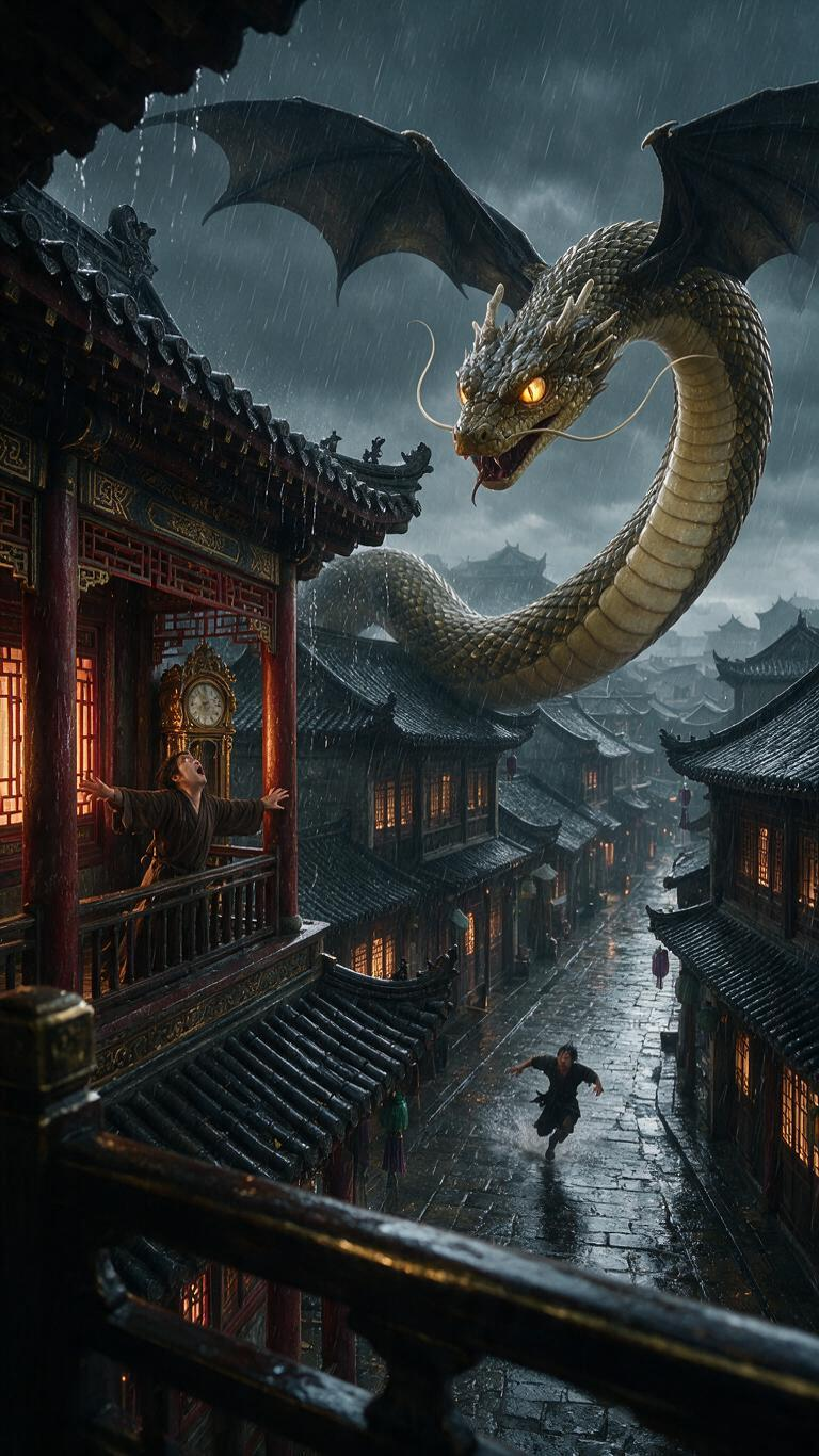 一条大蟒蛇在古代大街上快速爬行，大家都闭门不开，有一个人在路上被追击，这条大蟒蛇是冲我来的，我在古代的一个花楼上，最高层的地方，张开双臂，紧贴最高层墙壁，特别害怕的盯着这个大蟒蛇（类似化身为龙了）飞到最高层楼顶，眼睛盯… - AI提示词参考图，来自西西提示词