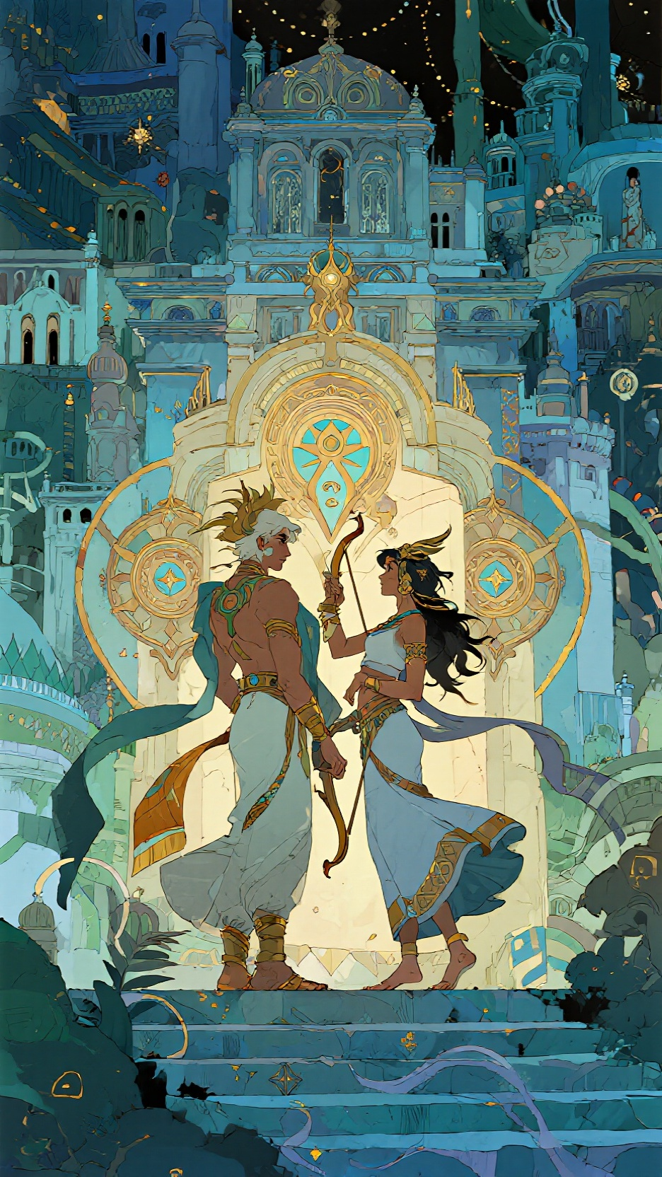Moebius (Jean Giraud)风格绘画，极繁主义，双子Rahu与射手Ketu的知性对宫之舞。极致细节，炫丽，油画质感，超写实，真人，电影级质感，cg动画渲染 - AI提示词参考图，来自西西提示词
