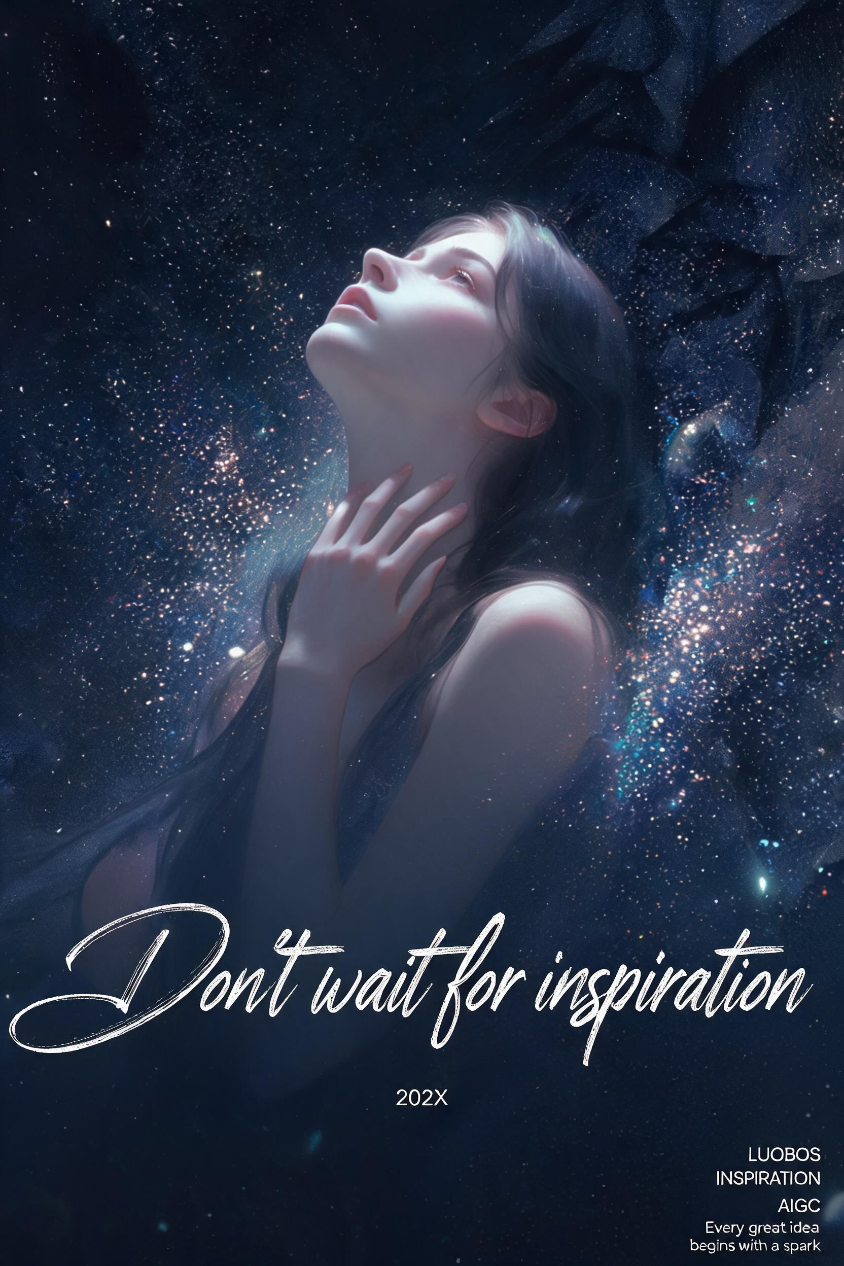 画面下方：主题用流动的毛笔手绘字体：“Don’t wait for inspiration”（纤细的笔画，笔画拉丝，灵动的曲线，有质感），极小的装饰性小字，极细无衬线小字体“202X”，白色极细无衬线字体水印" LUO… - AI提示词参考图，来自西西提示词