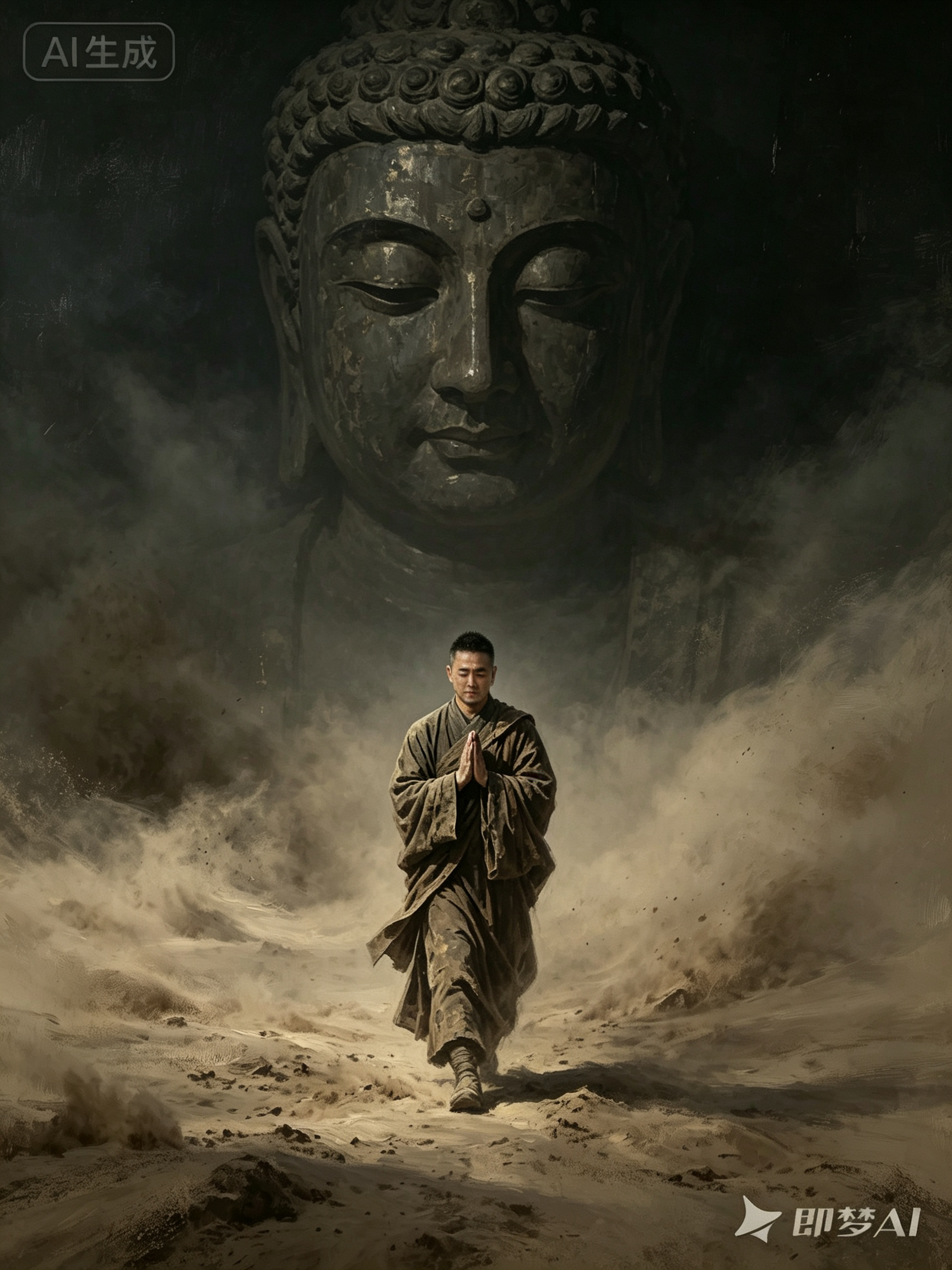 ##昏暗天空下，漫天风沙中，远处，隐约可见，大佛侧脸，一个僧侣双手合十面向大佛，僧袍陈旧，砥砺前行，人物细小，与大佛形成强烈反差，大师作品。前方天空中有一尊大佛俯视这他们，高品质，震撼。油画写实风格暗黑，生几张不同画面… - AI提示词参考图，来自西西提示词