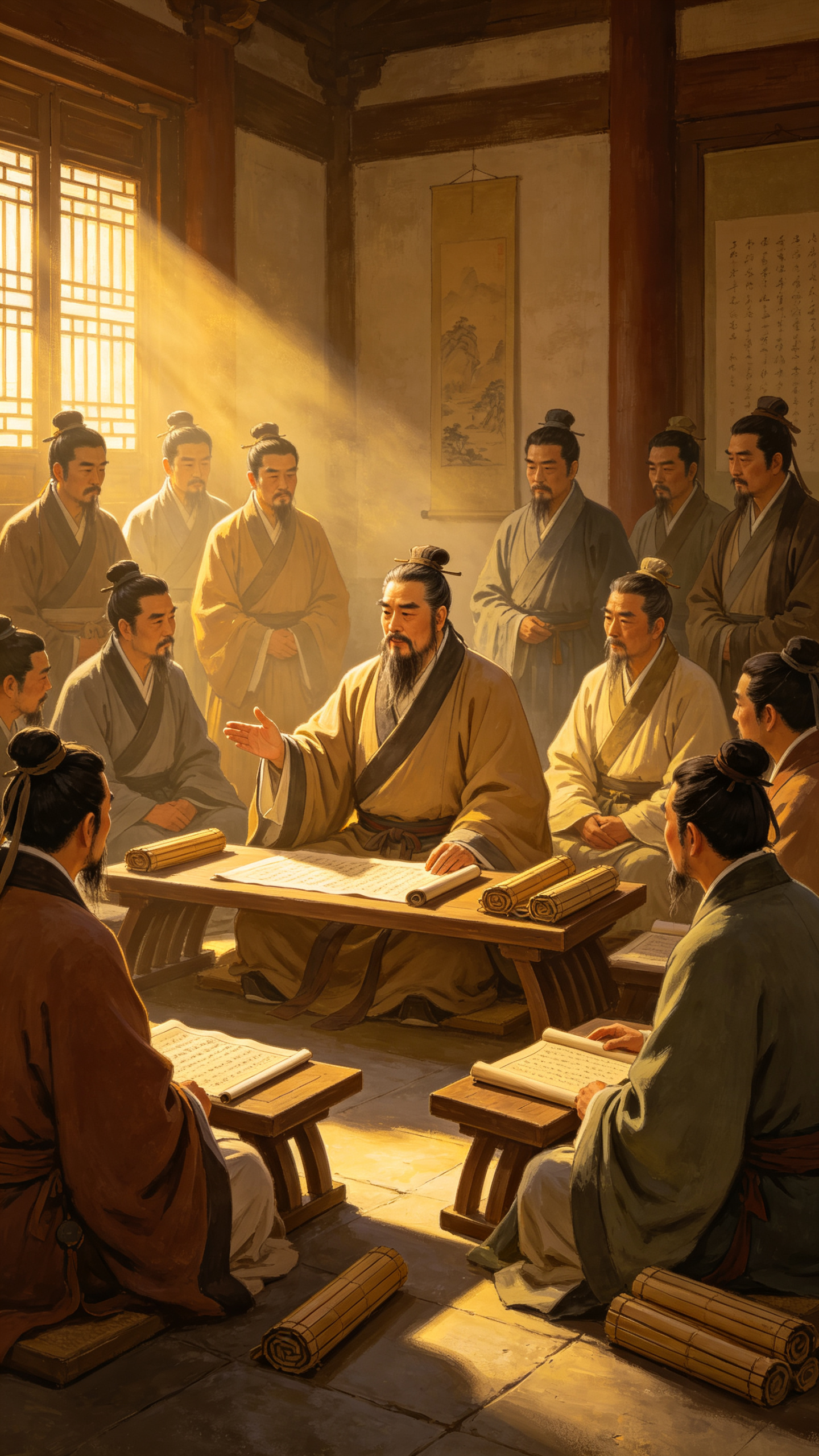 正在讲学的孔子，画面中孔子神情专注，侃侃而谈，周围的弟子们或坐或站，聚精会神地聆听，展现出浓厚的学术氛围，光影从一侧柔和地洒下，突出人物主体，构图以孔子为中心，弟子们环绕四周，生动地呈现出孔子讲学的场景 - AI提示词参考图，来自西西提示词