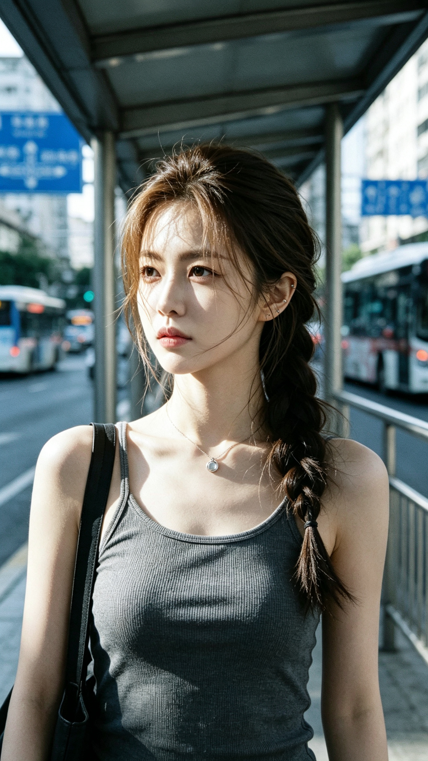##这是一张用平庸iPhone手机随手拍下的中国年轻女性街头抓拍快照，略带动态模糊，构图拙劣，角度尴尬，充满不经意间的随性与生活感。画面中是一位二十岁出头、身形苗条的中国姑娘，她拥有精致小巧的瓜子脸。她留着一头深色长发… - AI提示词参考图，来自西西提示词