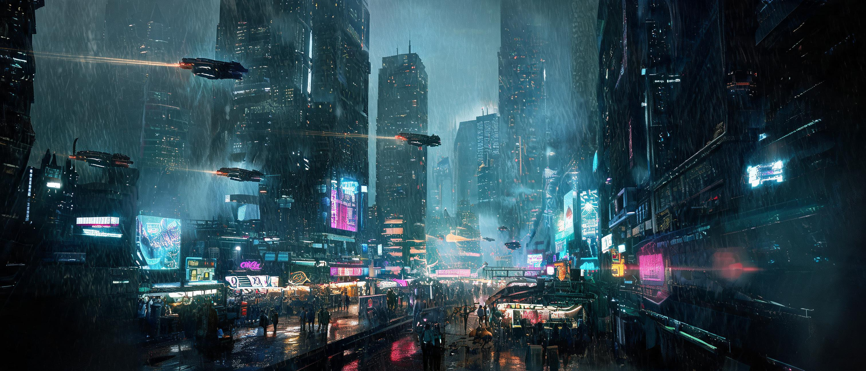 A futuristic wide-screen high-concept cyberpunk city concept art, monumental vertical megalopolis night, towe… - AI提示词参考图，来自西西提示词
