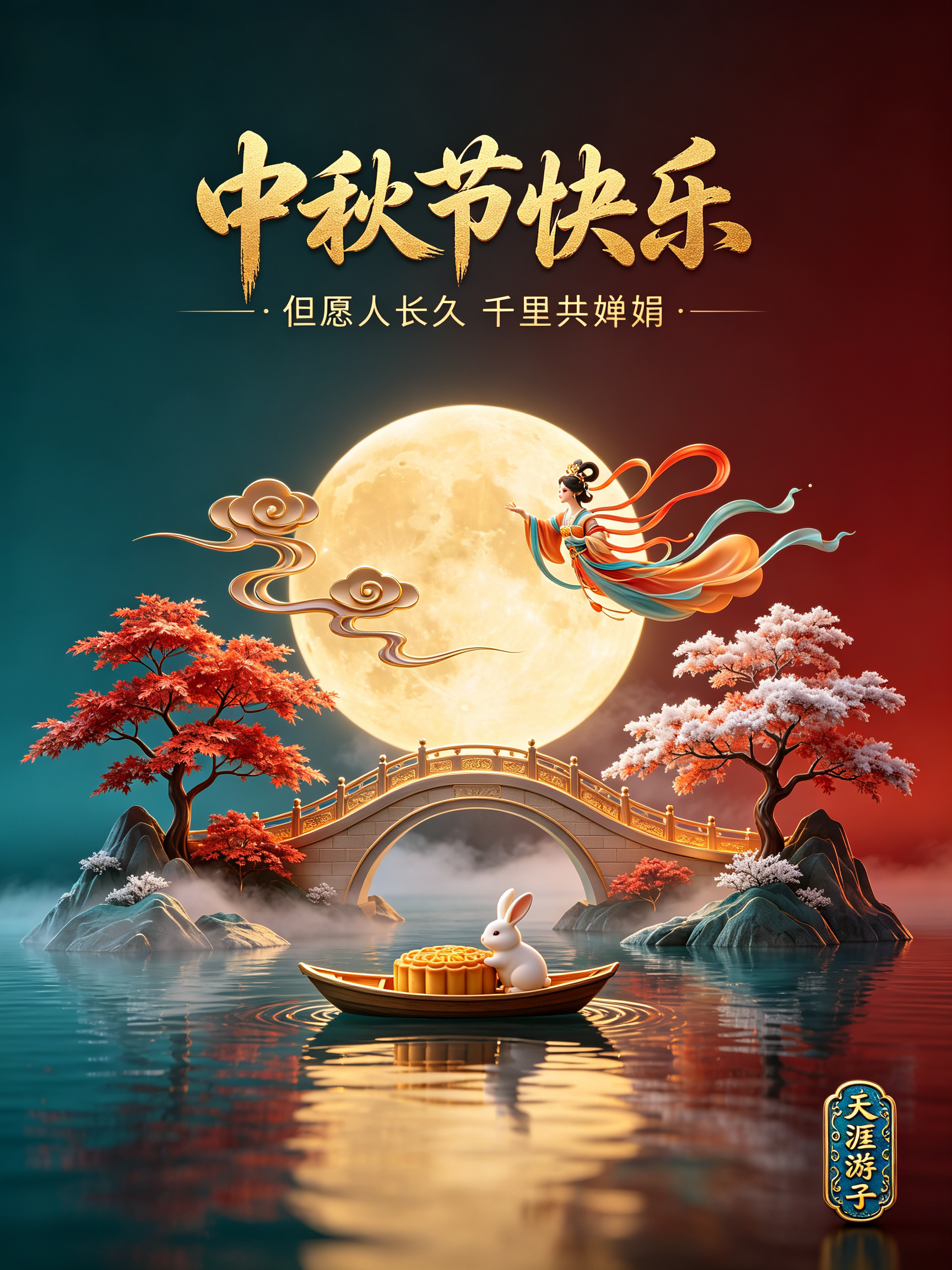 深青色背景，在上面矢量标志，多色极细手写艺术曲线流畅弯桥苍劲（形似赵州桥），广告设计，深暗红背景，光彩亮丽，激光雕刻极其精致细小随着圆弧雕刻，3D素材，不对称设计，缥缈，圆形，抽象提炼流云卷舒姿态玄幻，红橙金配色，柔光… - AI提示词参考图，来自西西提示词