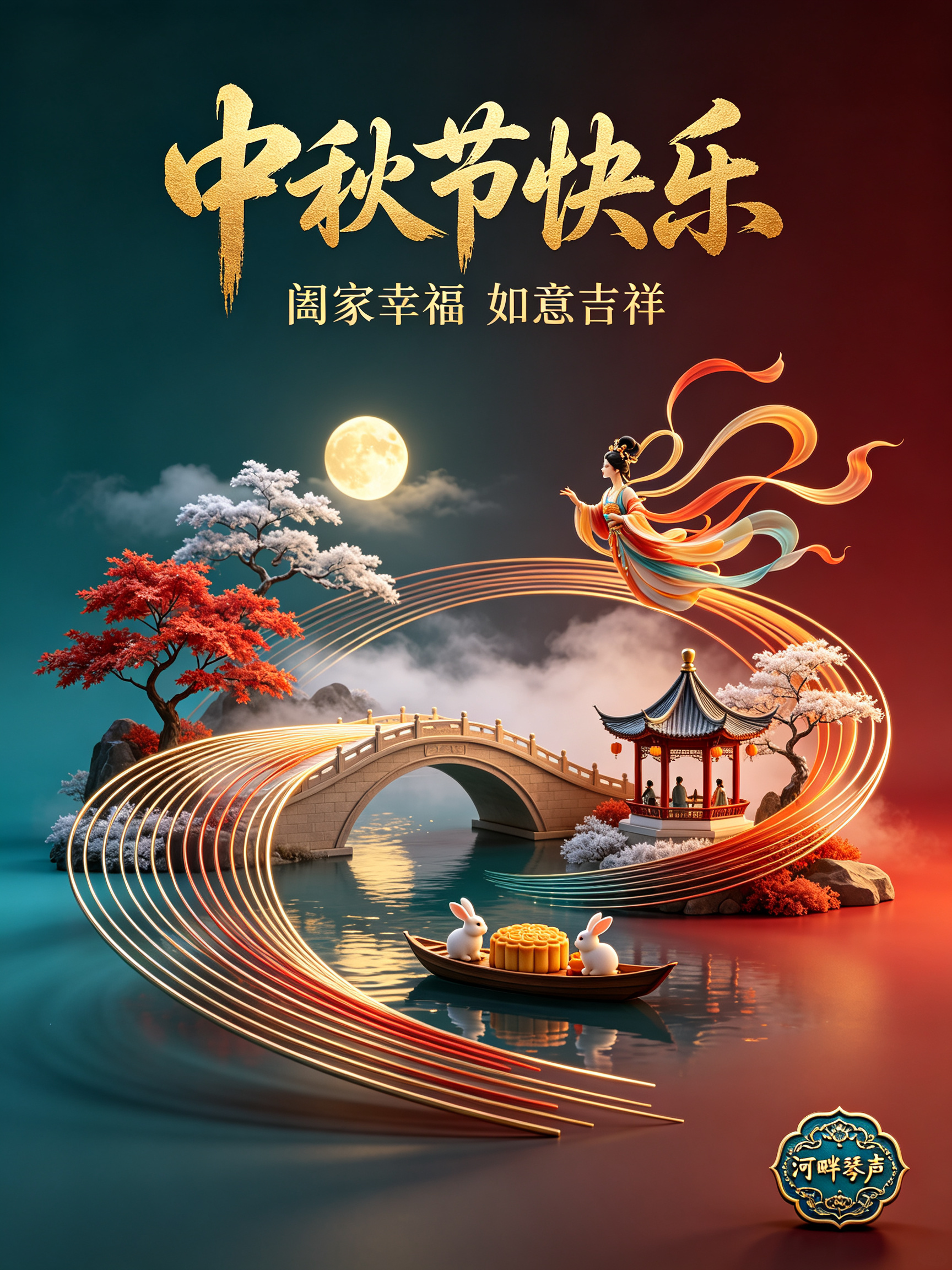 深青色背景，在上面矢量标志，多色极细手写艺术曲线流畅弯桥苍劲（形似赵州桥），广告设计，深暗红背景，光彩亮丽，激光雕刻极其精致细小随着圆弧雕刻，3D素材，不对称设计，缥缈，圆形，抽象提炼流云卷舒姿态玄幻，红橙金配色，柔光… - AI提示词参考图，来自西西提示词