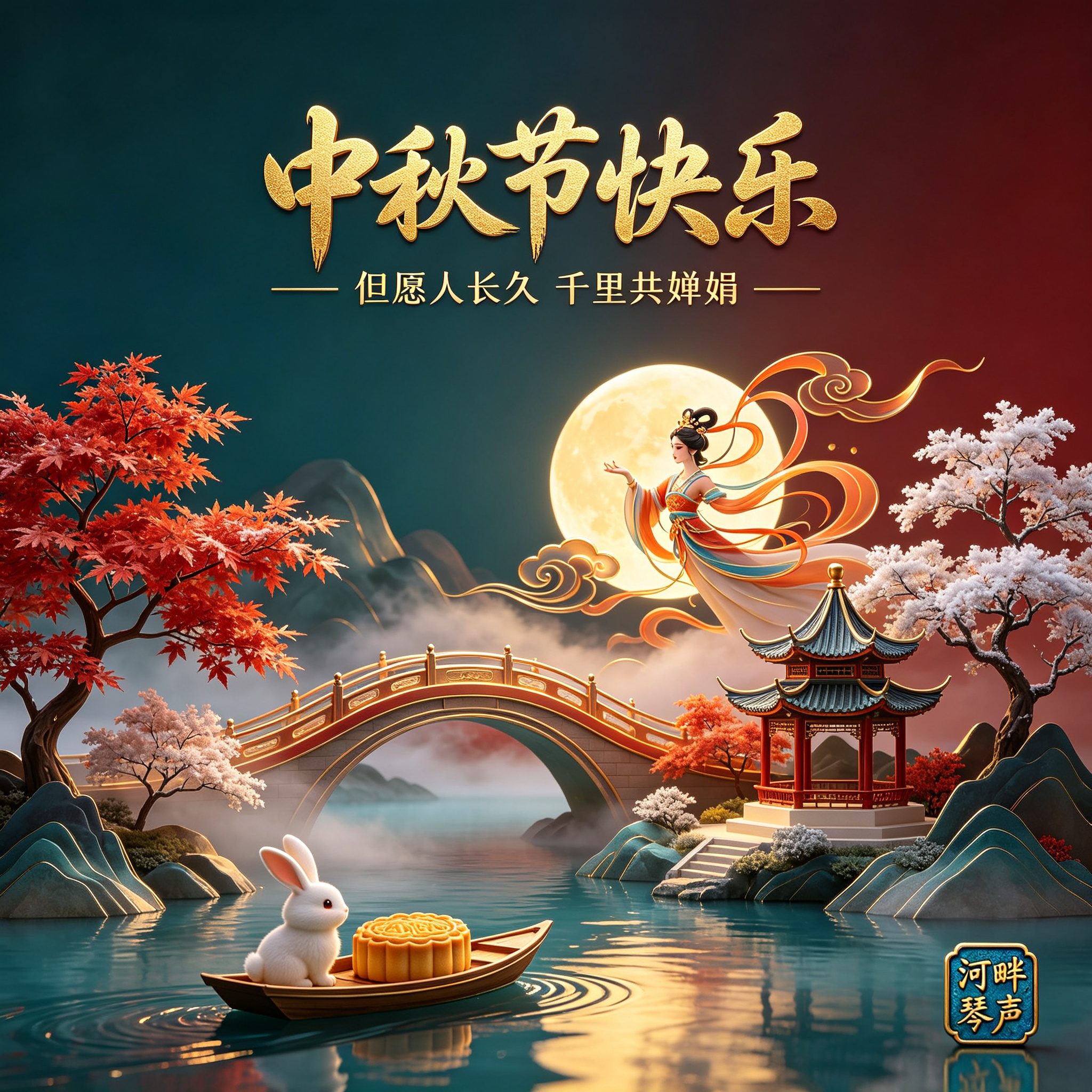 深青色背景，在上面矢量标志，多色极细手写艺术曲线流畅弯桥苍劲（形似赵州桥），广告设计，深暗红背景，光彩亮丽，激光雕刻极其精致细小随着圆弧雕刻，3D素材，不对称设计，缥缈，圆形，抽象提炼流云卷舒姿态玄幻，红橙金配色，柔光… - AI提示词参考图，来自西西提示词