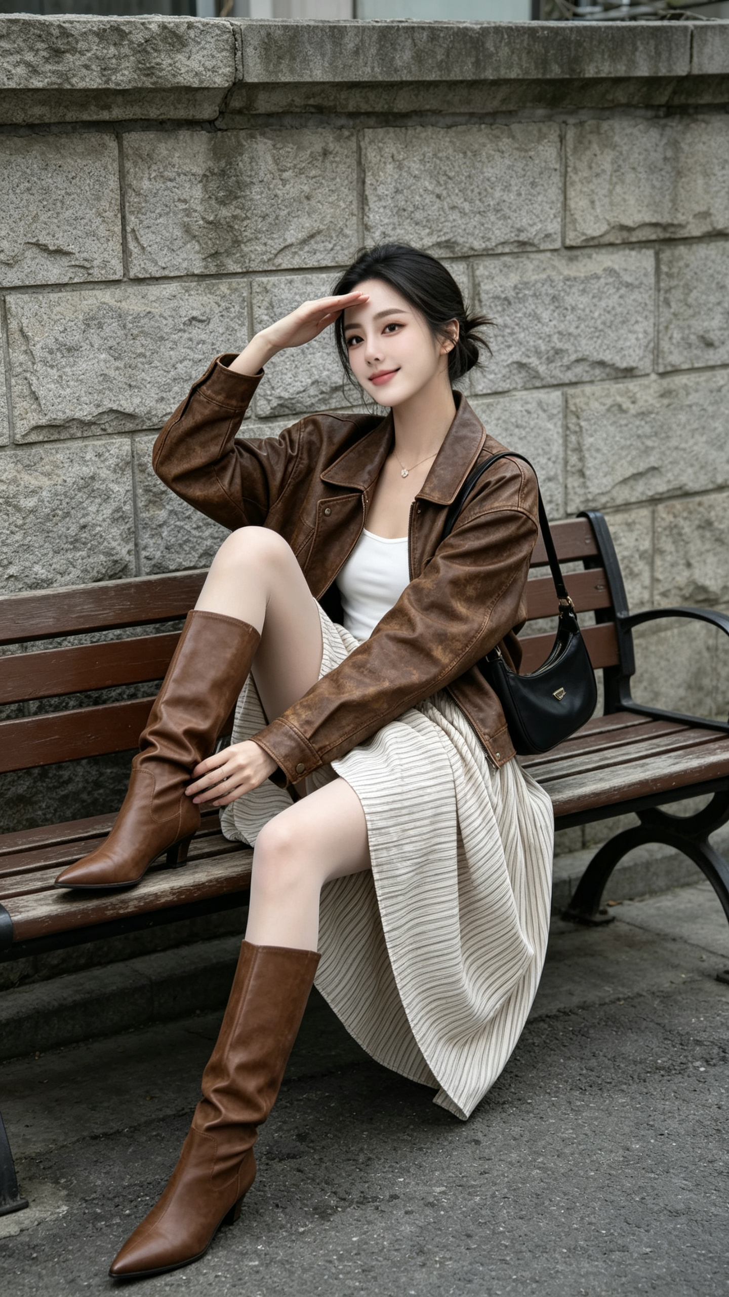 ##参考原图中人物的五官特征、脸型比例、整体气质生成新的写真图片，东亚女生，淡妆束发，穿棕色做旧皮质夹克、白色吊带、条纹垂感半身裙、浅肉丝、棕色尖头长筒靴，黑色单肩包。场景为韩式街边，石墙背景，户外公共木长椅，阴天柔和… - AI提示词参考图，来自西西提示词