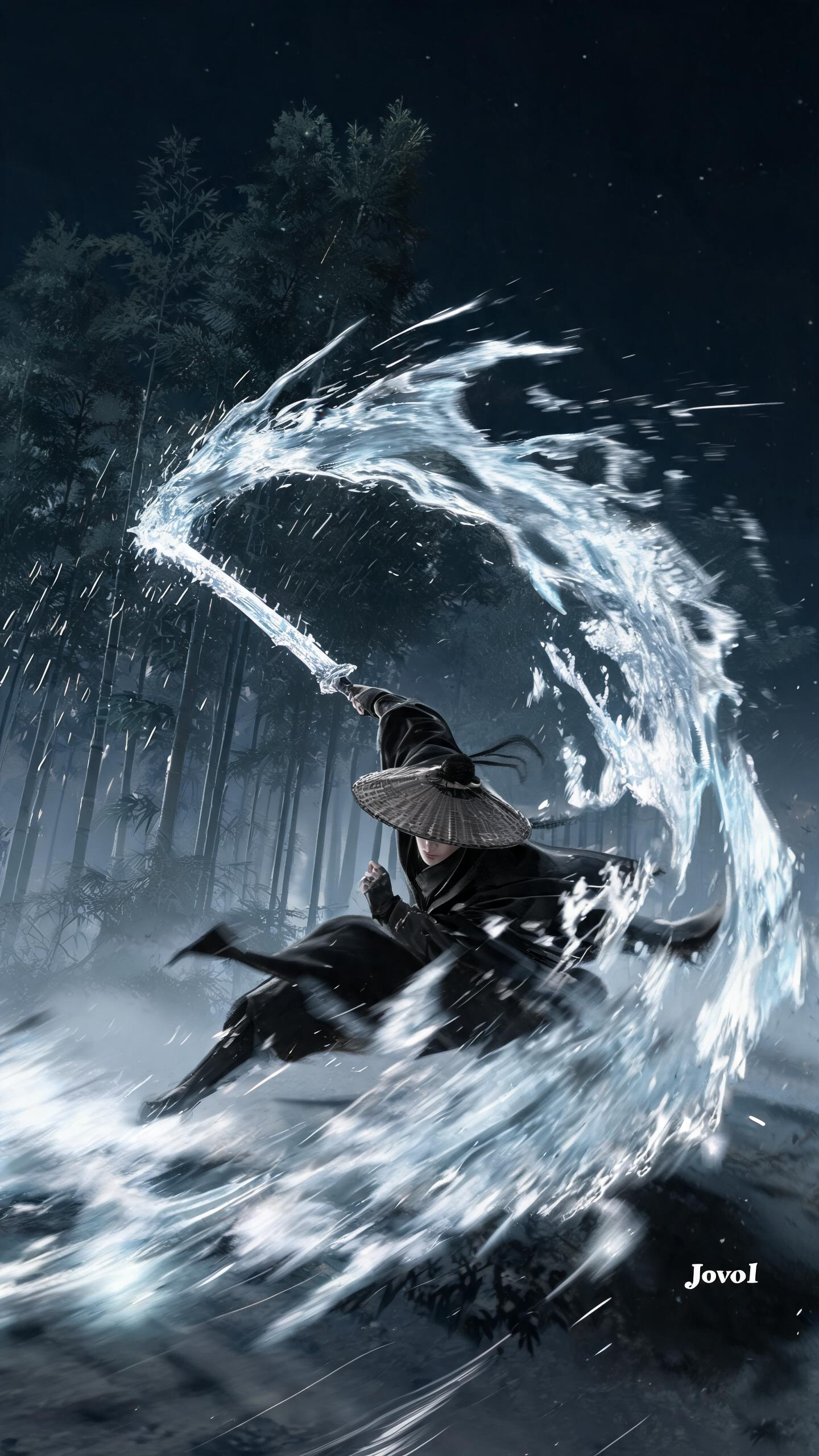 黑夜竹林，远景，水墨风斗笠披风武林高手，不规则流动的动态水流能量刀身，倾斜贴地前冲，人物因为速度呈现运动模糊，全力向上劈砍招式，整把刀因为速度而完全从左上到右下运动线的运动模糊，完全从水流构成的刀身向后延伸的巨型波动不… - AI提示词参考图，来自西西提示词