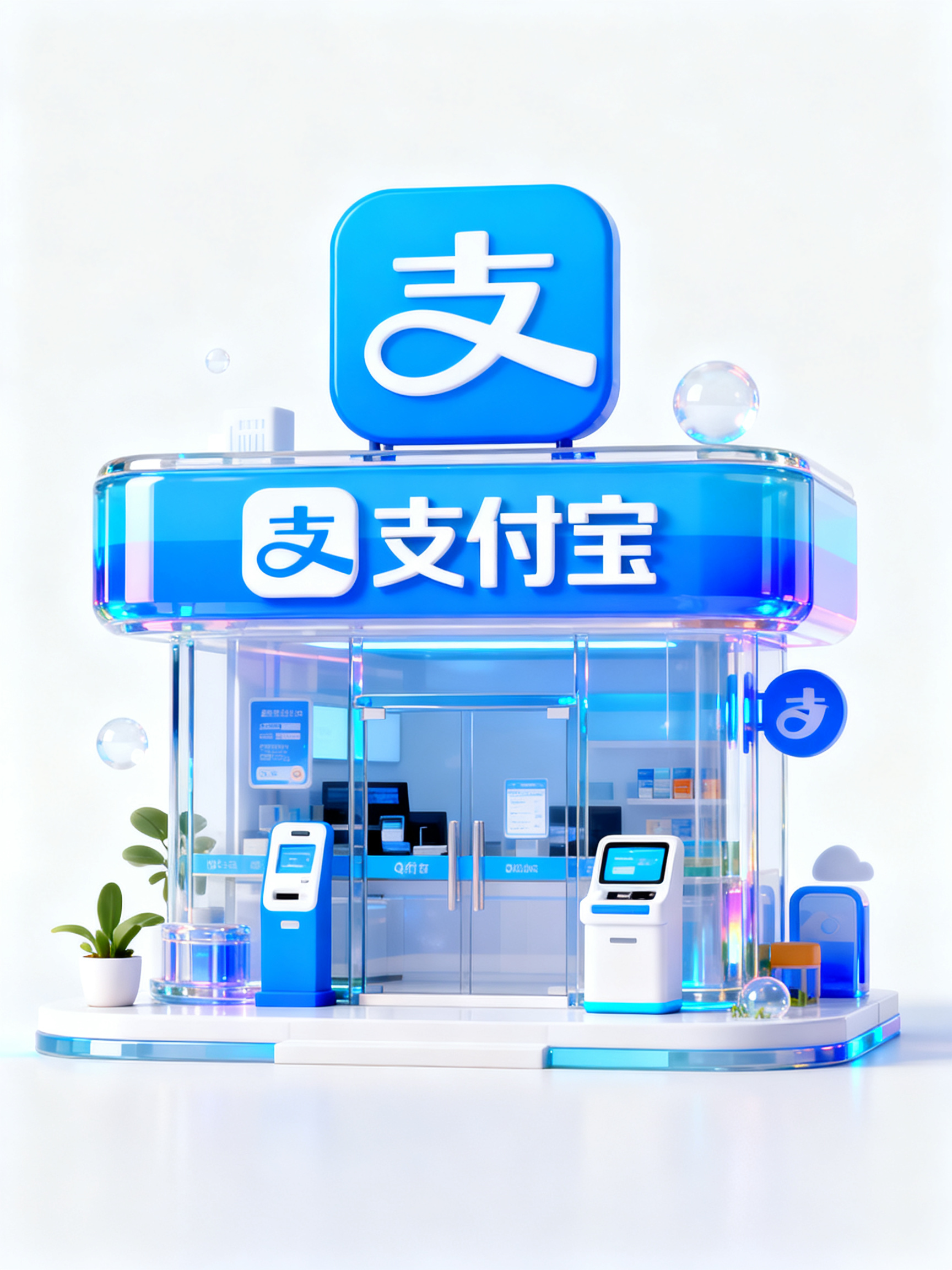 支付宝Q版正面门店，蓝色渐变色调，活力白色少量点缀，透明反光玻璃质感，充满幻想力和休闲感，高级设计，跨界感，UI设计风格，光线追踪，干净背景，参考Pinterest、Dribbble 风格，使用OC渲染器，细节丰富，良… - AI提示词参考图，来自西西提示词
