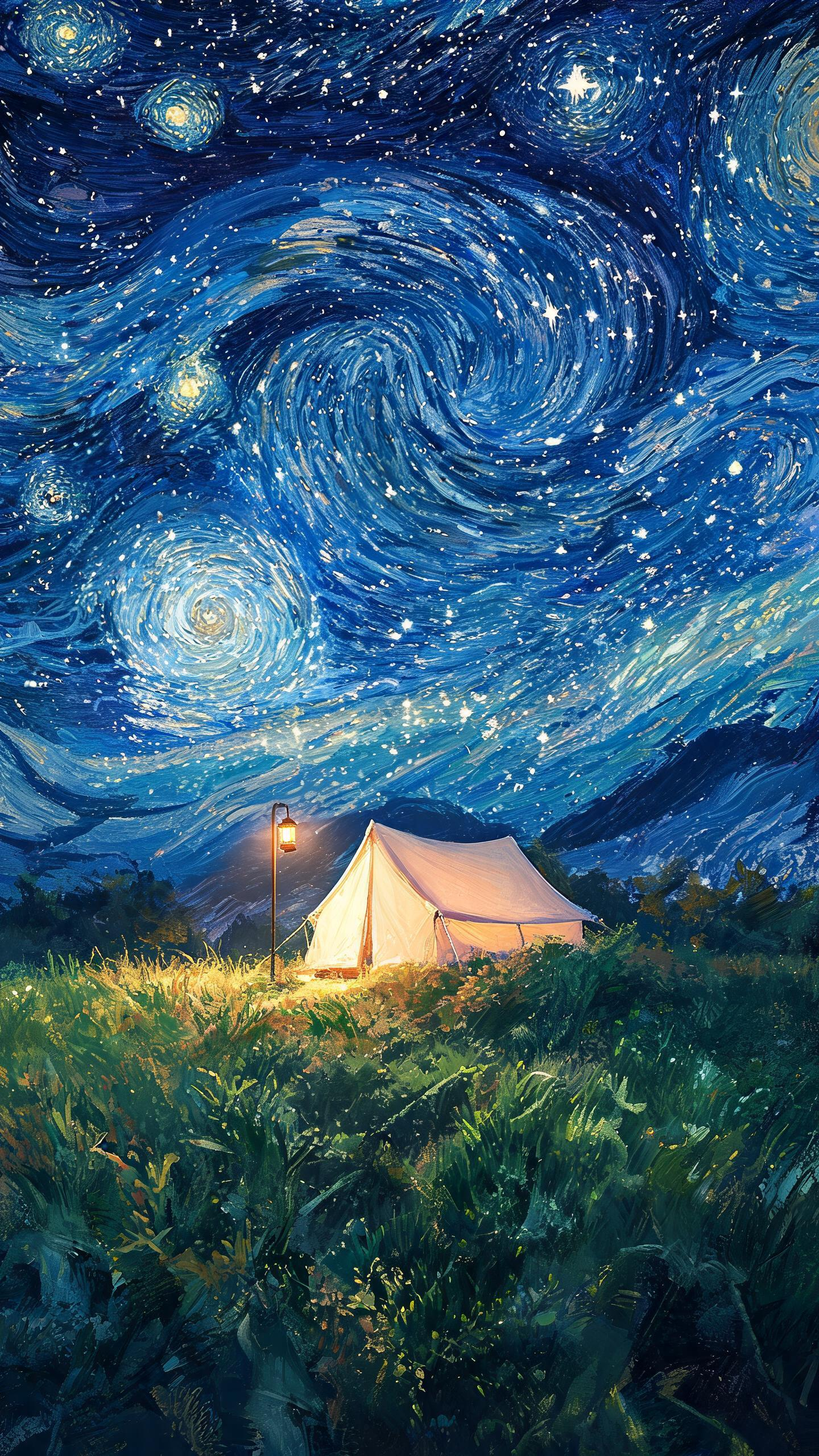 以CG厚涂融合印象派，结合梵高（星空）的风格与浪漫主义油画特纳风格呈现的画面，笔触粗犷而具艺术韵味。在仰拍视角里，漆黑的夜幕下，天空中密密麻麻的繁星闪烁，似在诉说夜的故事。一片绿油油充满生机的草地上，一座精致的帐篷如同… - AI提示词参考图，来自西西提示词