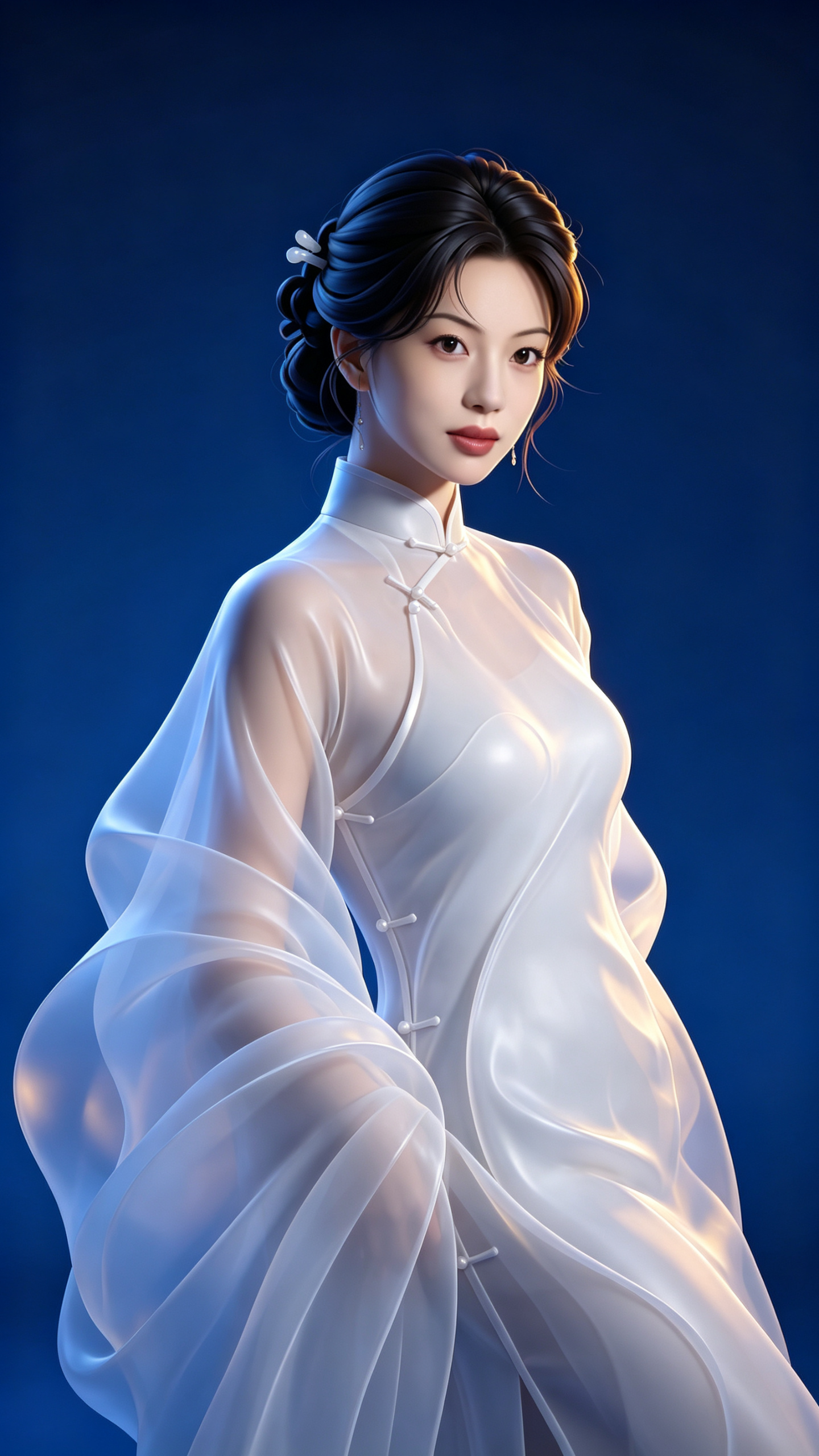 ##Armin Hofmann风格，一幅超高清的特写画面：在极度深蓝的背景里，形象酷似林黛玉般的柔弱，身着清初夸张抽象变形的东方神秘白纱衣，从黑暗中窥视着世界。高品质细节，超精细，高分辨率，最佳品质，C4D，32K壁纸… - AI提示词参考图，来自西西提示词