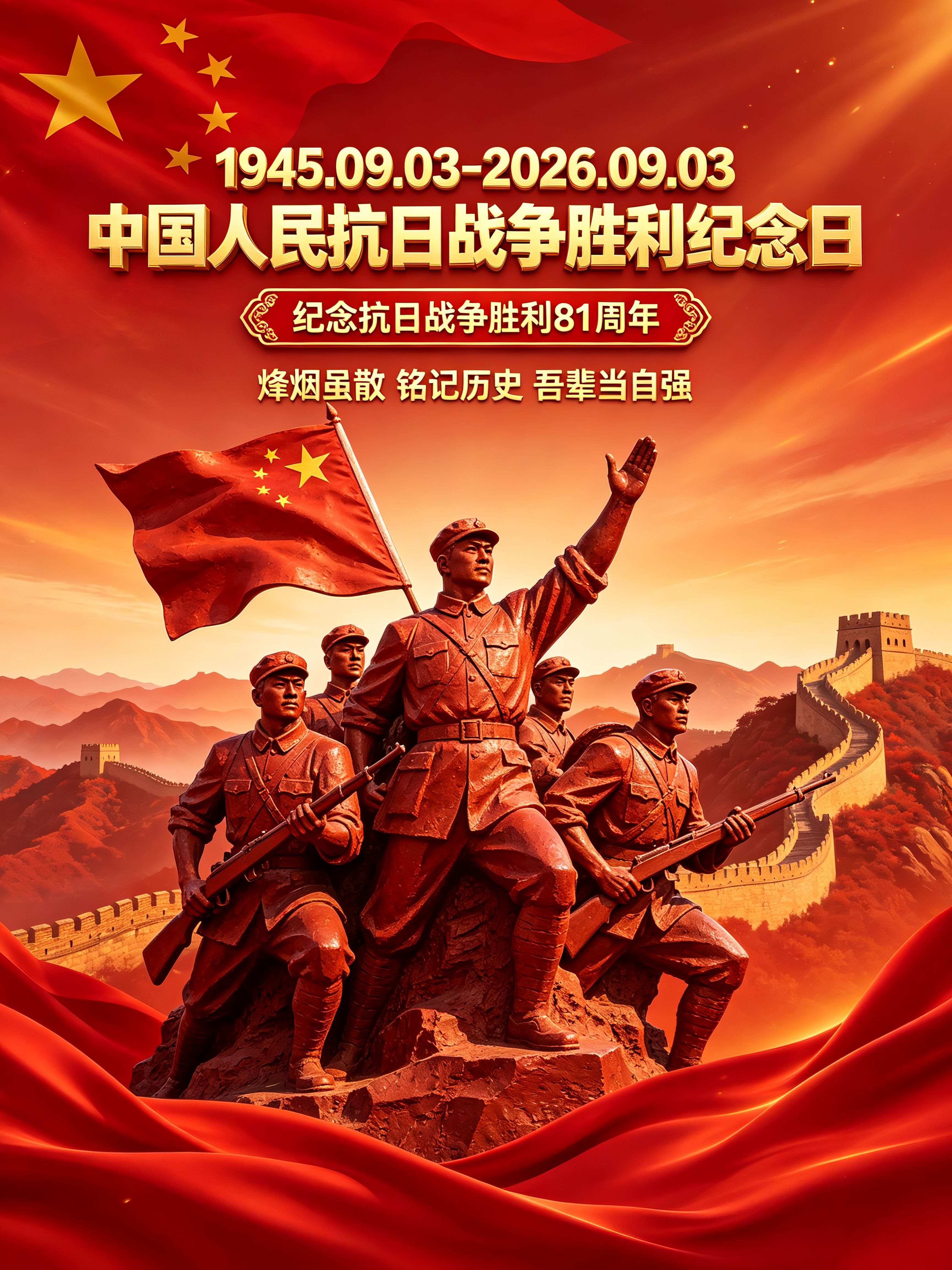 “抗日战纪念日·纪念抗日战胜利81周年” 画面以激昂庄重的风格呈现纪念场景，视觉浓烈且饱含爱国奋进精神： - 核心元素： - 文字标识：顶部“1945.09.03-2026.09.03”+金色立体字“中国人民抗日战争胜… - AI提示词参考图，来自西西提示词