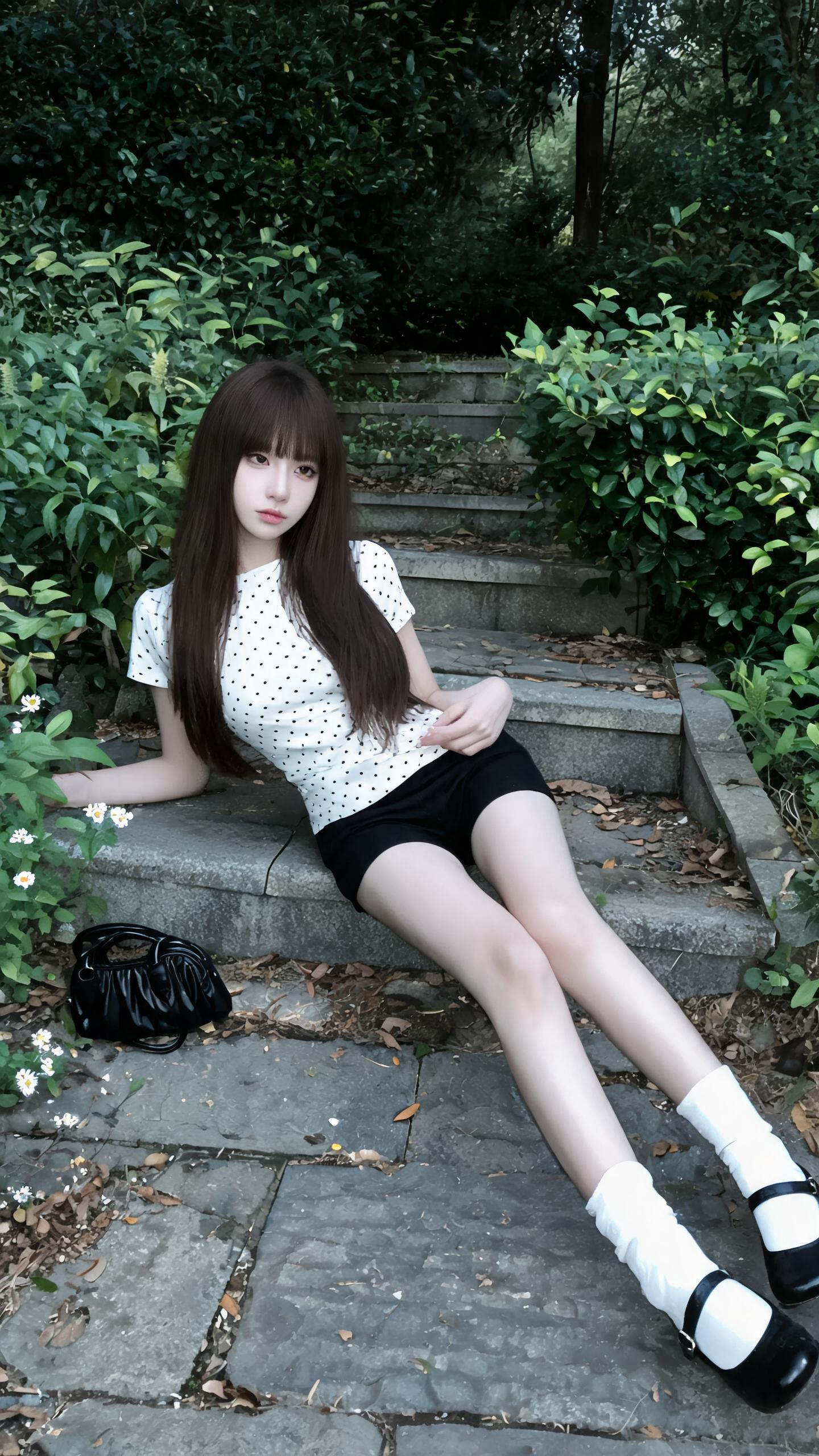 全景户外林间石阶人像，一位面庞小巧精致甜美的东亚少女静坐灰色石阶上，身形纤细瘦削、肤色冷白透亮，清透淡感冷调淡妆，浅红清冷唇色，干净柔和浅淡眼妆，表情安静疏离、慵懒松弛；柔顺深棕长直发与整齐厚重齐刘海自然垂落双肩，发丝… - AI提示词参考图，来自西西提示词