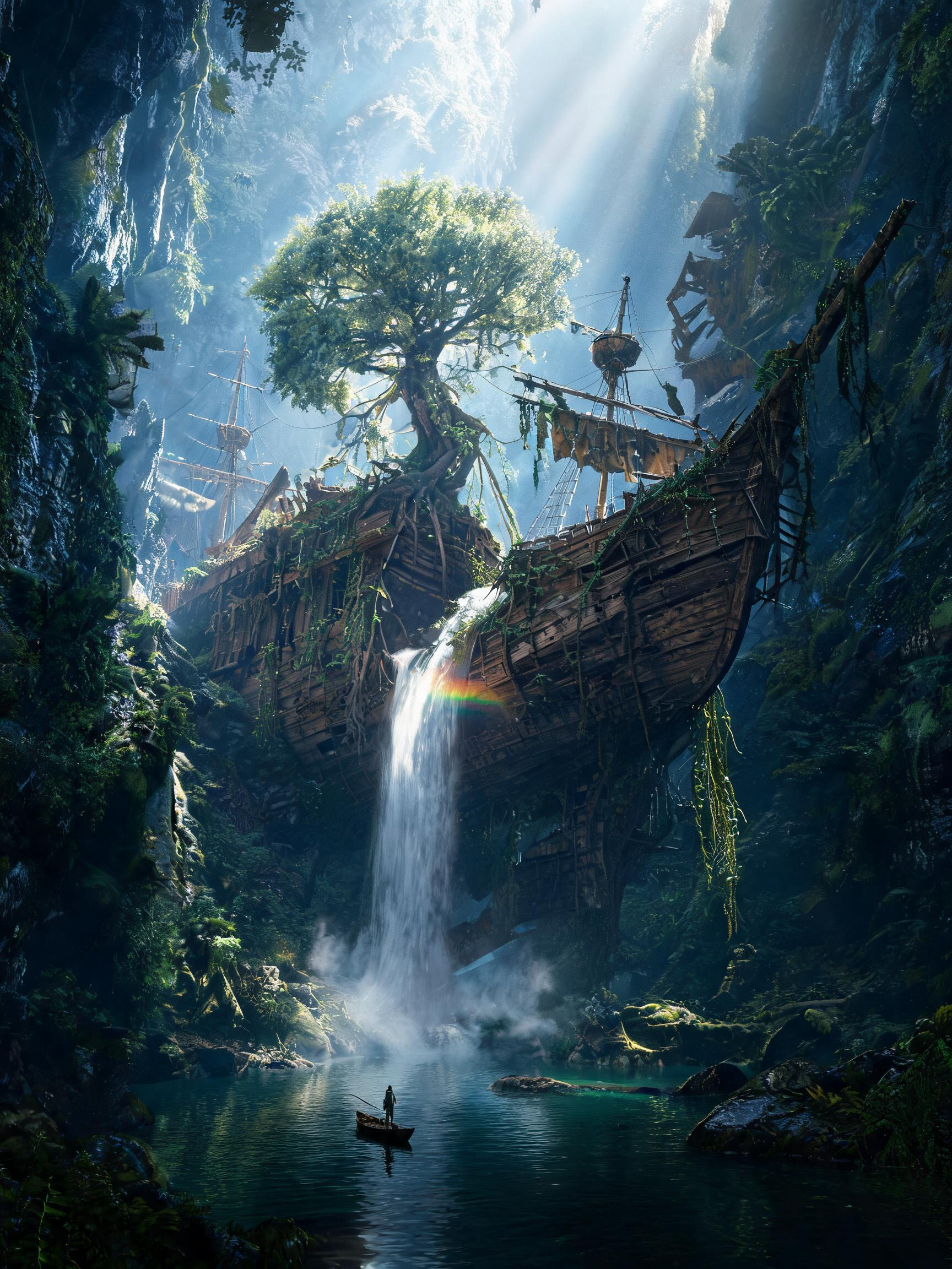 电影级写实摄影，16:9超宽幅，低角度仰拍。一座深邃的峡谷中，一艘数百米长的远古巨型战舰残骸卡在两侧崖壁之间——舰首深深插入右侧岩壁，舰尾断裂坍塌，整个船体被峡谷地形半吞没。数百年岁月过去，整艘战舰已被森林彻底吞噬：巨… - AI提示词参考图，来自西西提示词