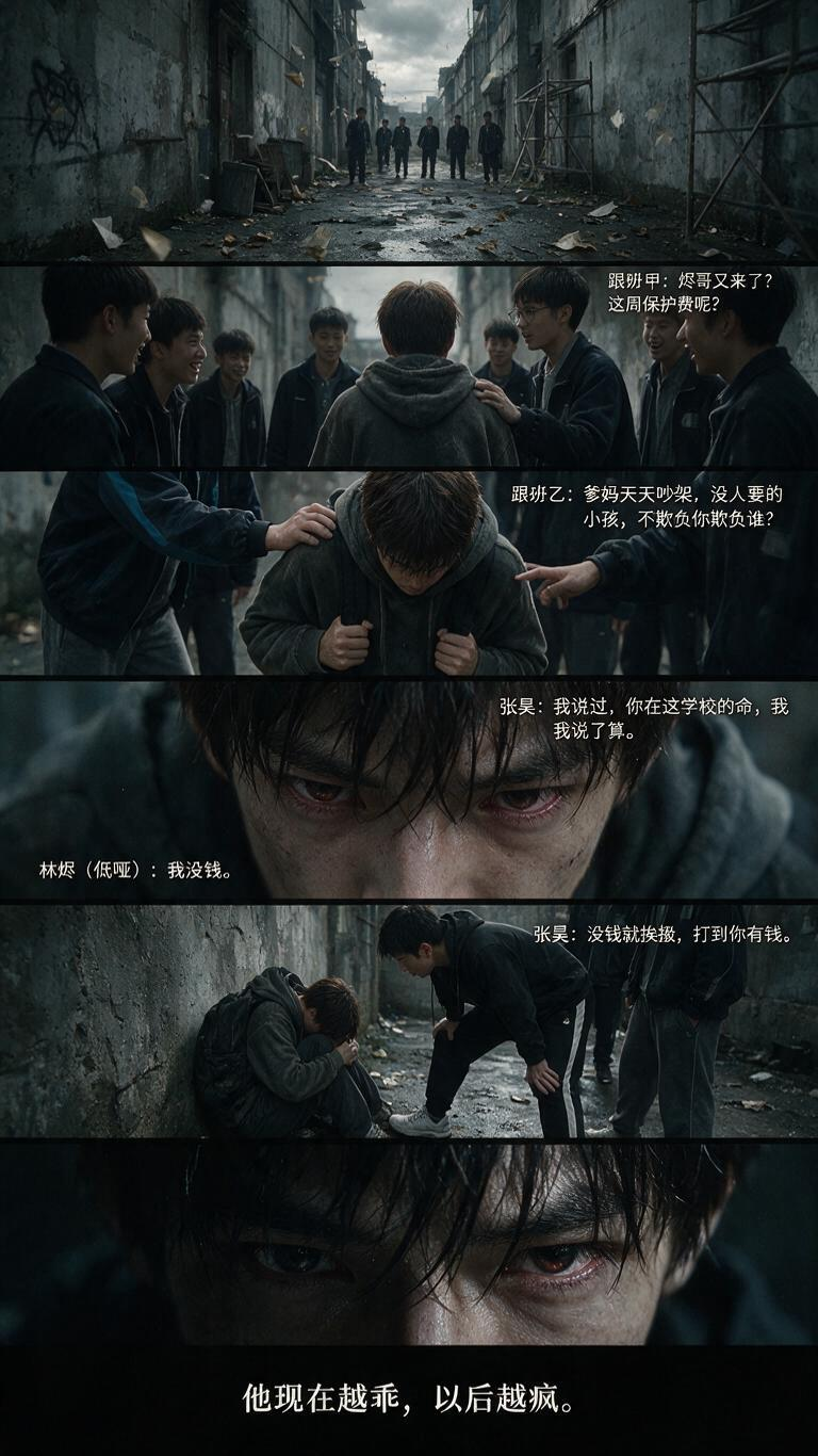 【剧情核心】常态化霸凌，忍到麻木，暗流攒杀心 台词 跟班甲：烬哥又来了？这周保护费呢？ 跟班乙：爹妈天天吵架，没人要的小孩，不欺负你欺负谁？ 张昊：我讲过，你在这学校的命，我说了算。 林烬（低哑）：我没钱。 张昊：没钱… - AI提示词参考图，来自西西提示词