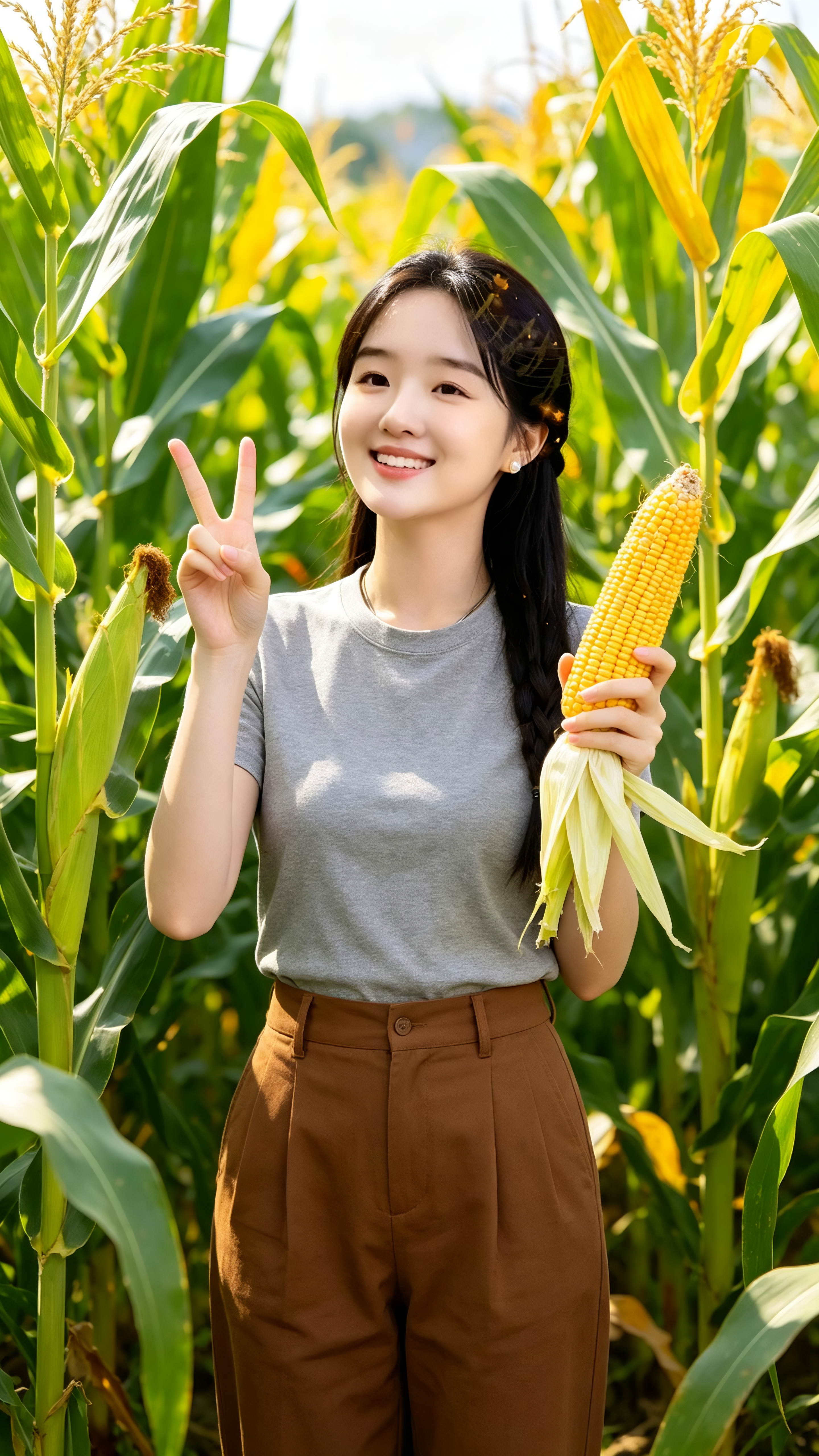 ##提示词建议: Playful Asian woman in gray top and brown trousers, holding corn cob in left hand and making peace s… - AI提示词参考图,来自西西提示词