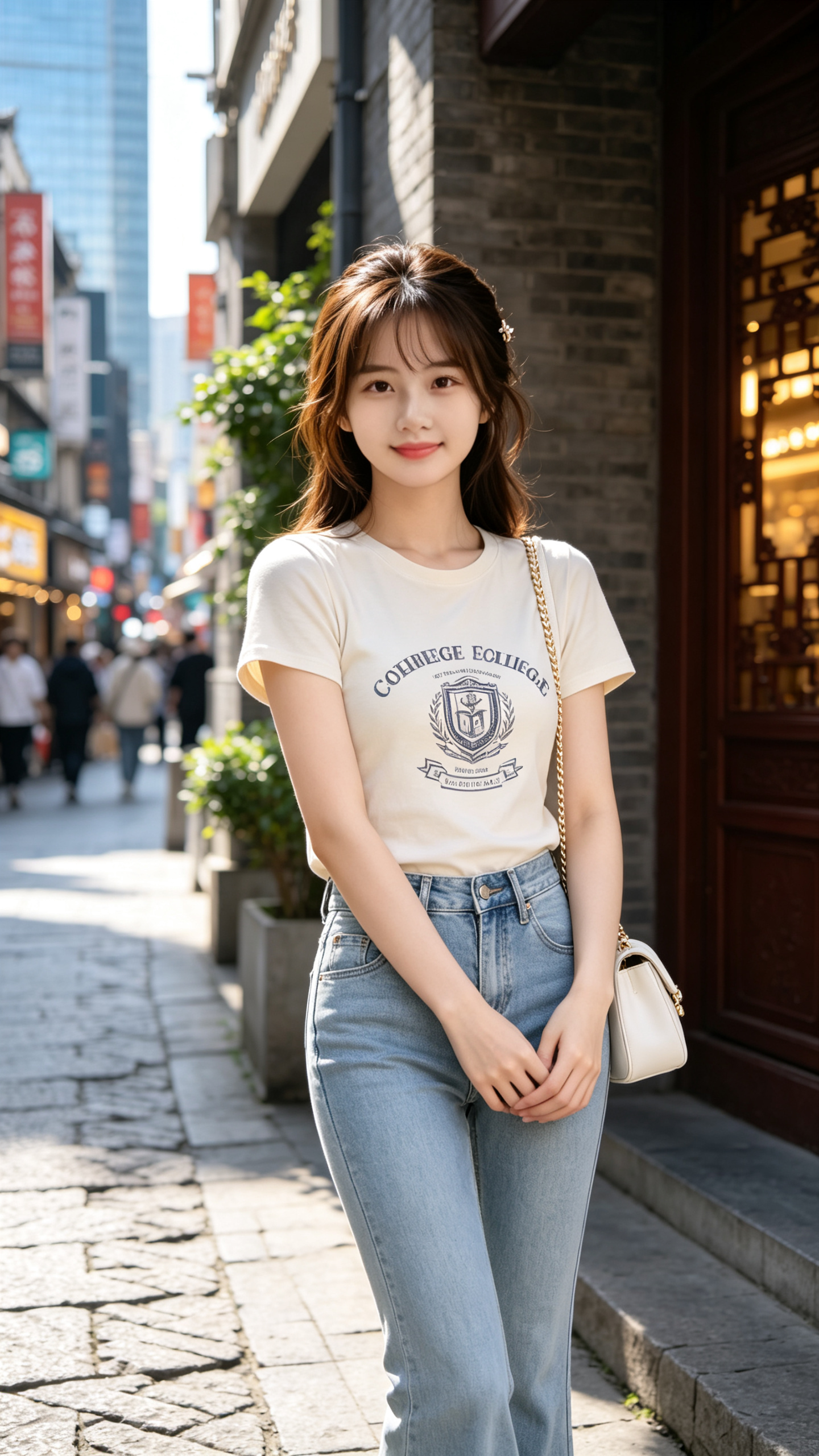 ##人像摄影，白天繁华高楼林立的商业街旁，19岁的江南少女，棕色齐肩长发，几缕拂过冷白皮脸颊，肌肤如陶瓷般水嫩透亮。上身米白色短袖T恤印着学院风图案，下身穿着浅蓝色修身微喇牛仔裤，斜挎的白色金链条包与发间精致小发夹呼应… - AI提示词参考图，来自西西提示词