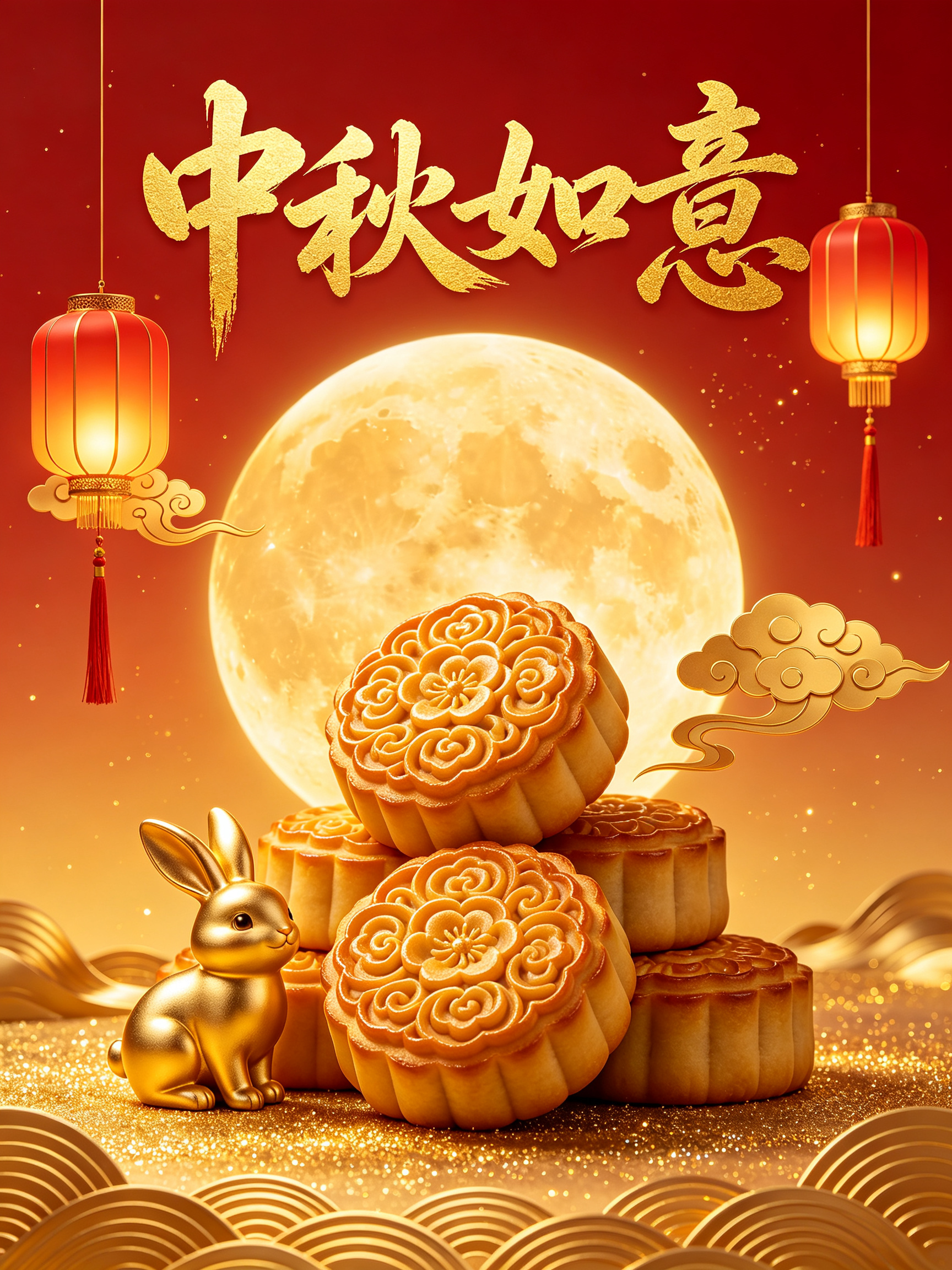 竖版3:4，盛世国潮中国风中秋海报，去掉画面所有中式回纹边框，红金渐变高级背景，红到暖金柔和过渡，细腻鎏金珠光质感，画面上方金色大气书法大字“中秋如意”，字体飘逸有力，鎏金烫金效果。画面中景一轮硕大饱满通透的金黄满月，… - AI提示词参考图，来自西西提示词