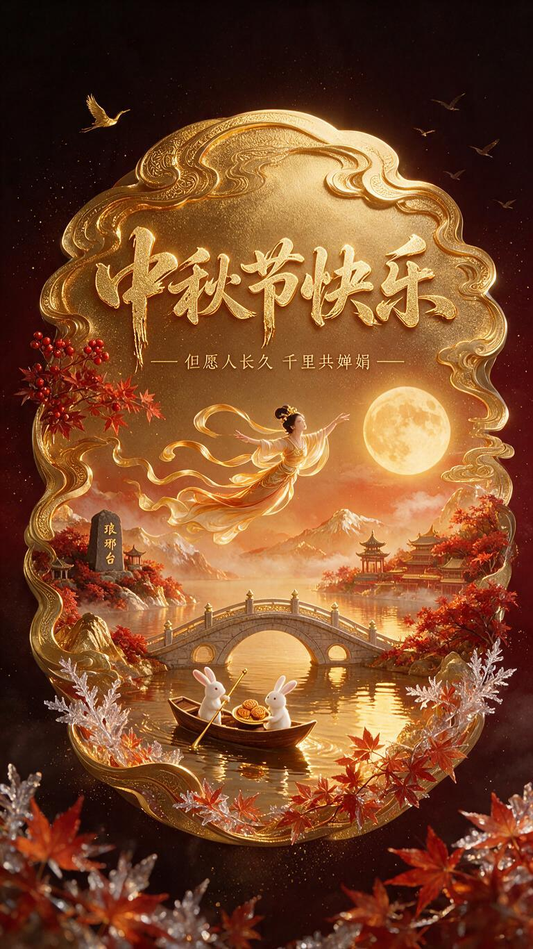 深青色背景，在上面矢量标志，多色极细手写艺术曲线流畅弯桥苍劲（形似赵州桥），广告设计，深暗红背景，光彩亮丽，激光雕刻极其精致细小随着圆弧雕刻，3D素材，不对称设计，缥缈，圆形，抽象提炼流云卷舒姿态玄幻，红橙金配色，柔光… - AI prompt reference from CC Prompt Galaxy
