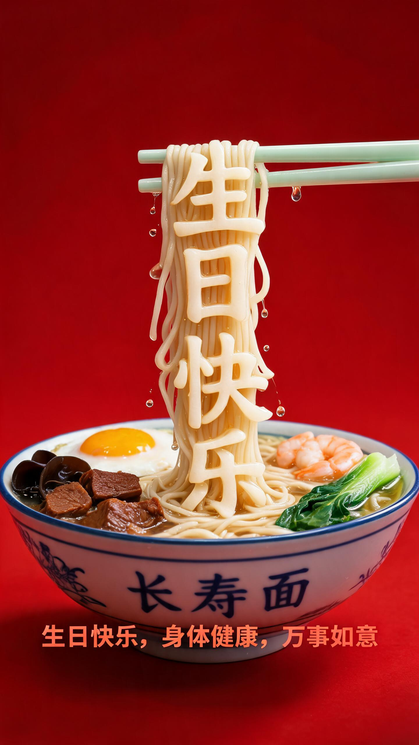 一双玉筷夹住面条，夹起的面条组成了生日快乐的样子，<生日快乐>竖着，长长面条形成了中国结的流苏，连结了碗里的面条，充满动感，汤汁快要滴下。体现光影的变化，面条下有一个蓝白相间的粗瓷大碗，碗外有蓝色的“长寿面”字样。碗里… - AI提示词参考图，来自西西提示词