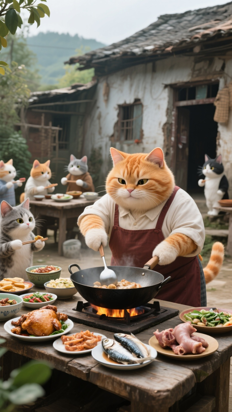 写实拟人风格，呈现电影级画质。一只拟人化的胖橘猫身着与衣服相同的装扮，大橘猫正在炒菜，烟台旁边台子上各种各样菜，鸡肉，小鱼，猪蹄，院子一群拟人化猫咪正在点菜，背景农家小院破房子 - AI提示词参考图，来自西西提示词
