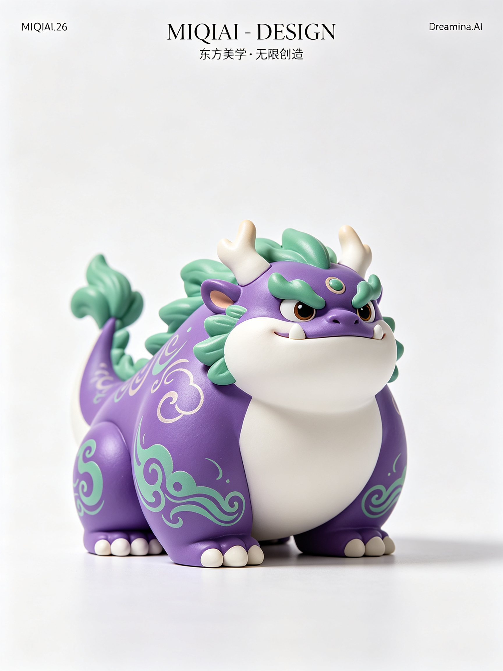高精度3D渲染,新中式设计师玩具Art Toy风格,皮克斯角色神秘巅峰主题,角色体型圆润敦实,姿态威风凛凛,艺术梦幻紫+白+绿配色,平面设计极简主义,居中构图大量留白,简洁明亮纯白色背景,画面仅有部分为拍扁挤压的3D凸… - AI提示词参考图,来自西西提示词