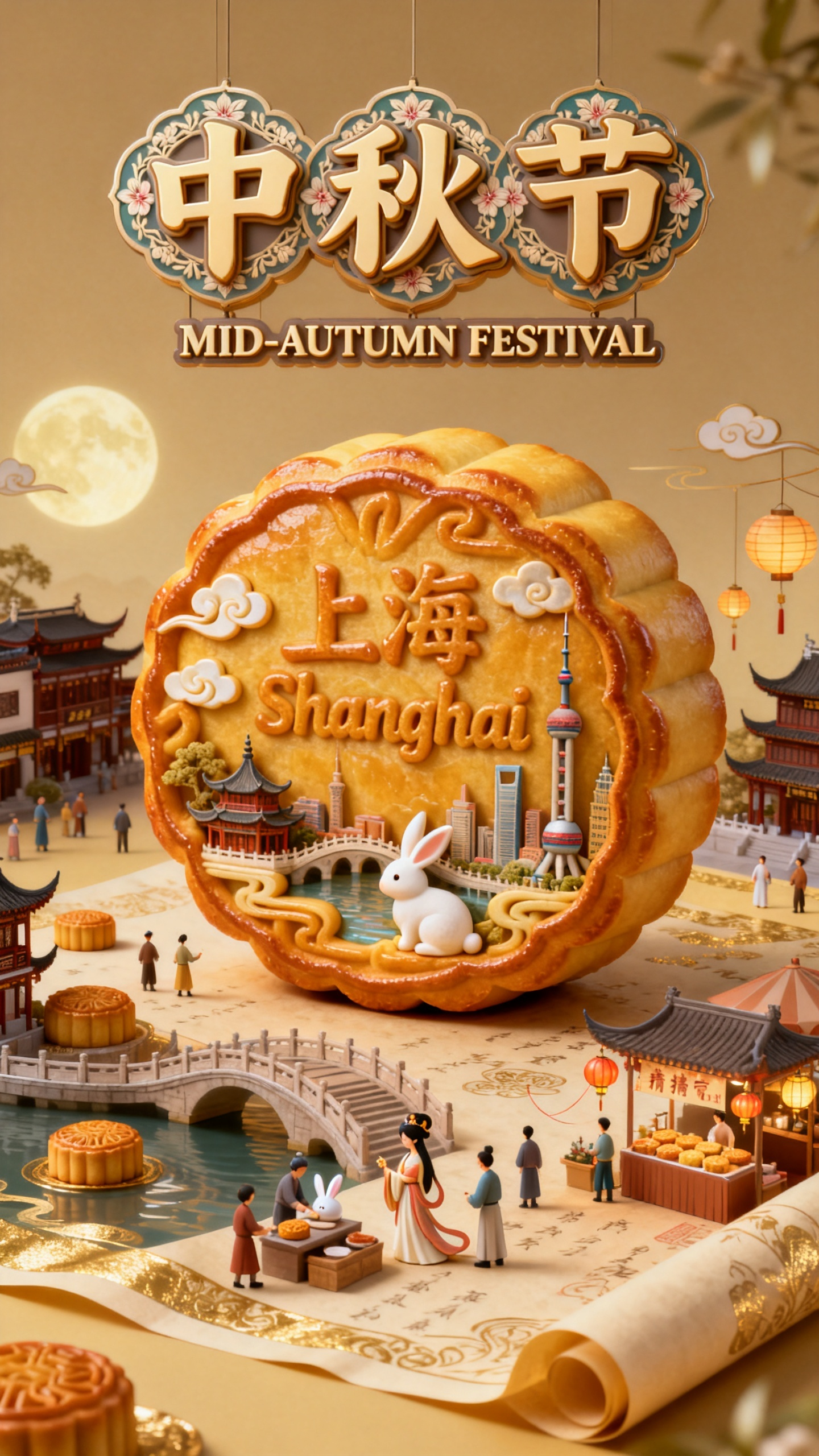 画面中心是一个美味的 3D 月饼，金黄酥皮上烫印 “上海Shanghai”字样，表面点缀精致云纹与嫦娥抱玉兔的浮雕，内部微缩九曲桥，城隍庙，东方明珠等上海著名建筑景观，细节细腻且完全收纳于月饼轮廓内，不向外溢出；背景铺… - AI提示词参考图，来自西西提示词