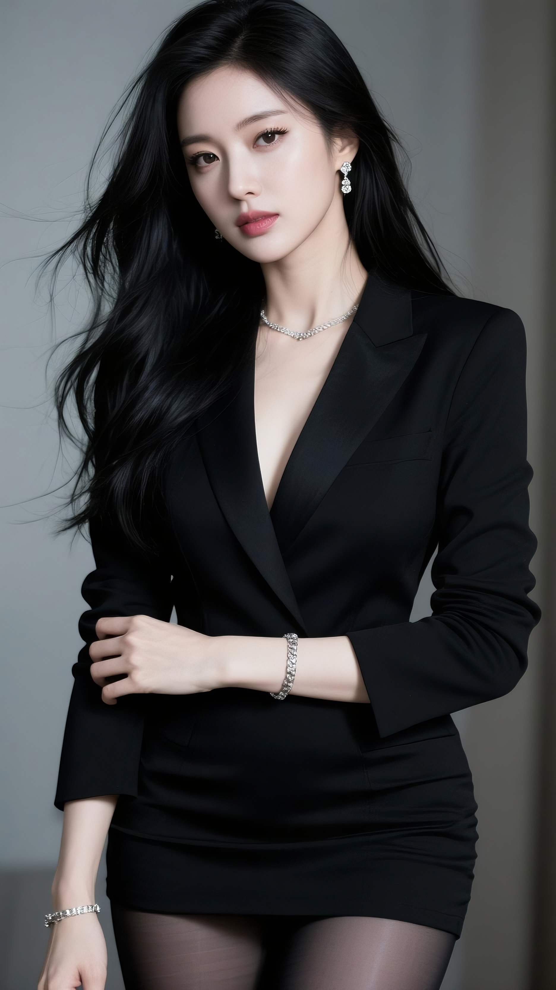 黑色长发韩系御姐女总裁。凌乱。人脸特写，御姐，动作优雅端庄。照片毫无修饰感，胶片颗粒质感。真人特写！电影氛围感，情绪氛围感，线条清晰，明暗对比，超高清，高级感，最高画质，绝美眼睛，长睫毛。清透，细腻渲染，绝美眼睛，狭长… - AI提示词参考图，来自西西提示词